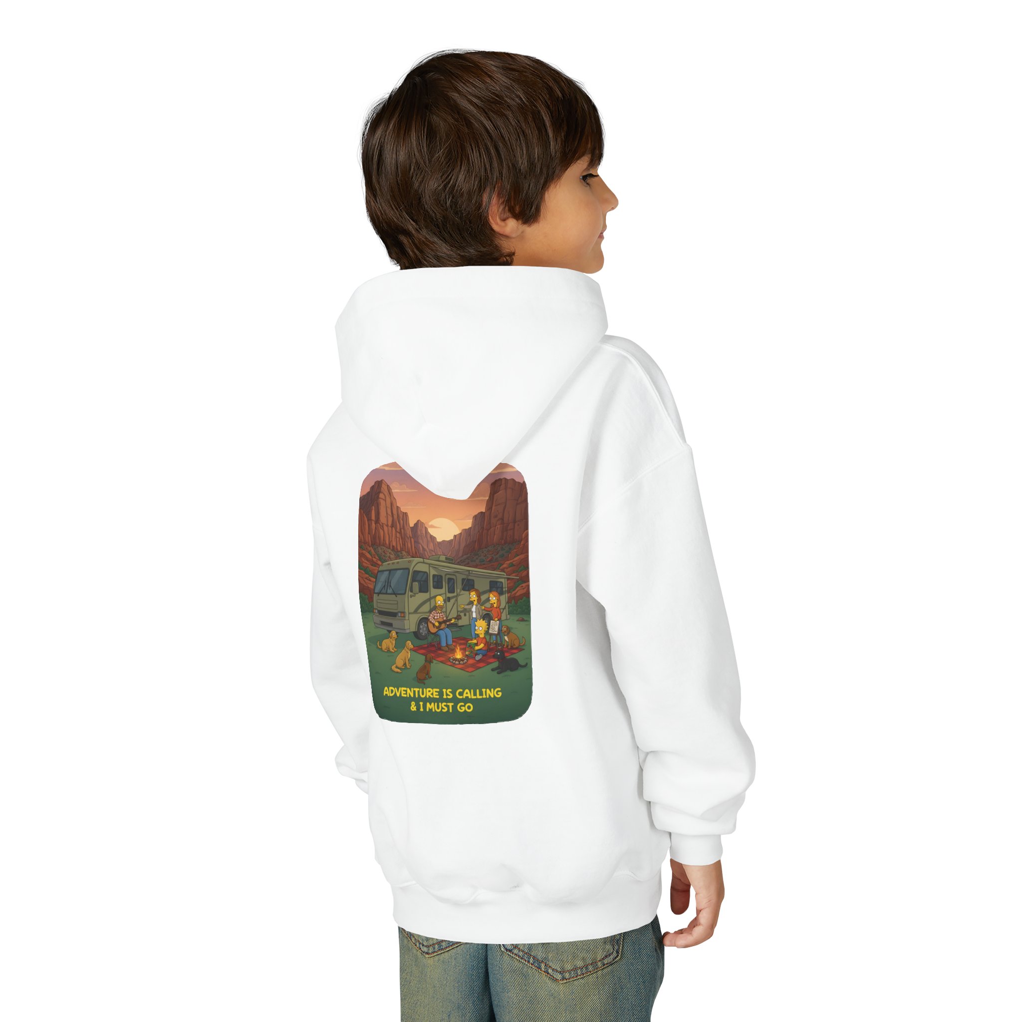 Youth Hoodie(Gildan) – "Adventure Is Calling-I Must Go" (Design Sitcom-Line)