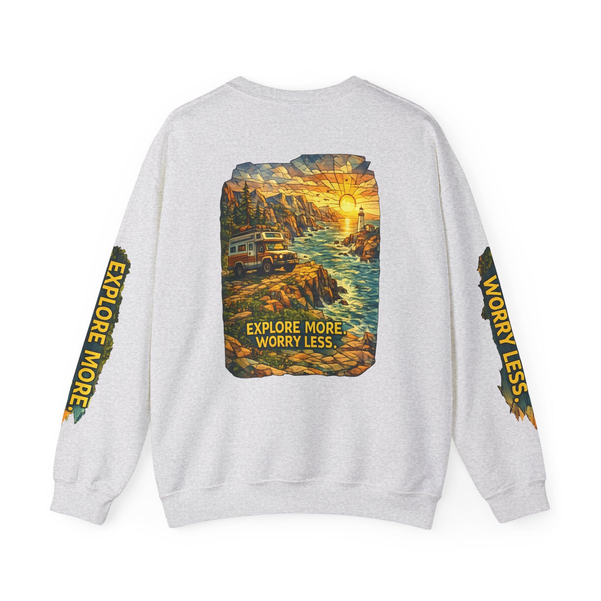 Unisex Heavy Blend™ Crewneck Sweatshirt — "Explore More Worry Less" Design Cubic-Line