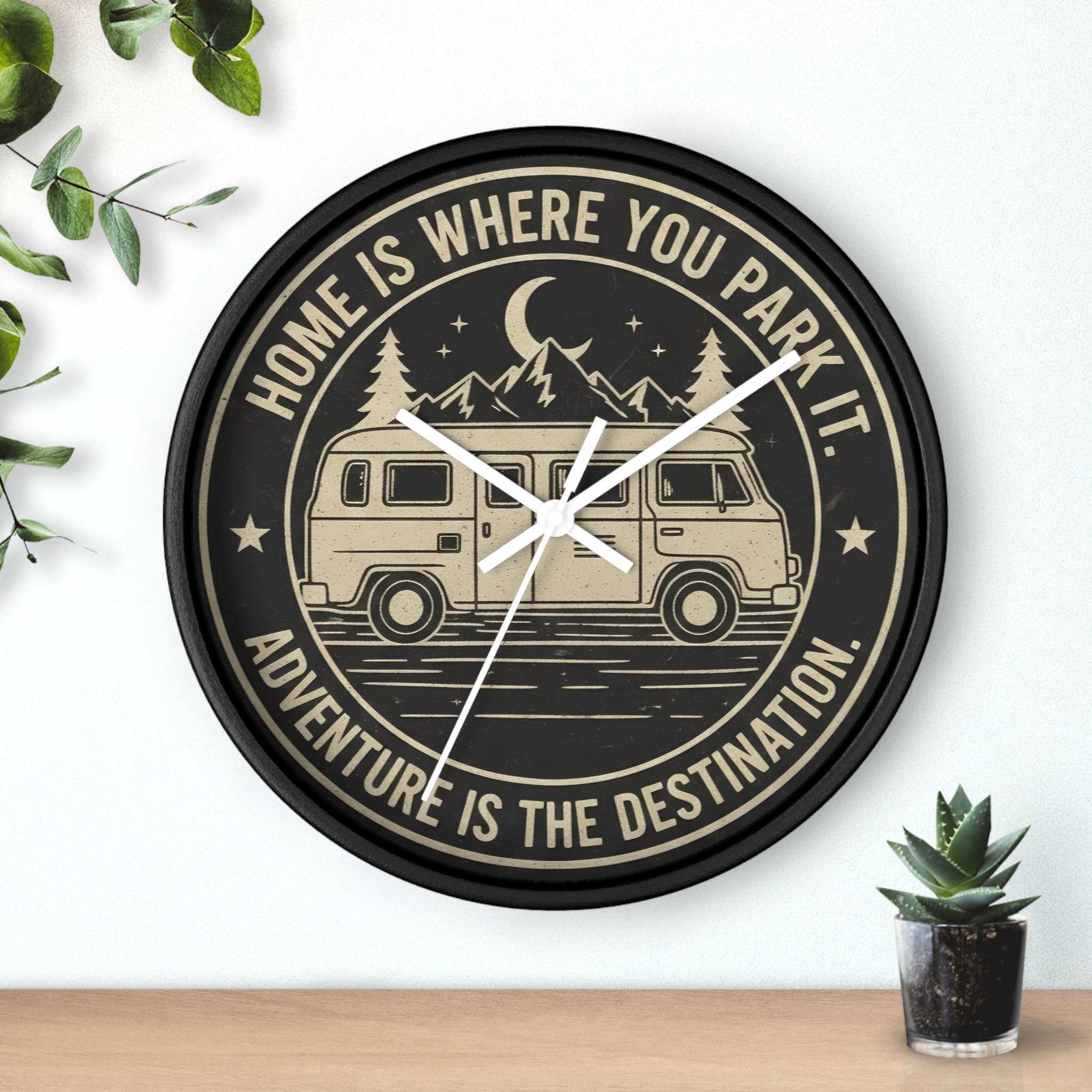 Wall Clock — "Home Is Where You Park It-Adventure is the destination" Camper Van Mountain Travel Timepiece
