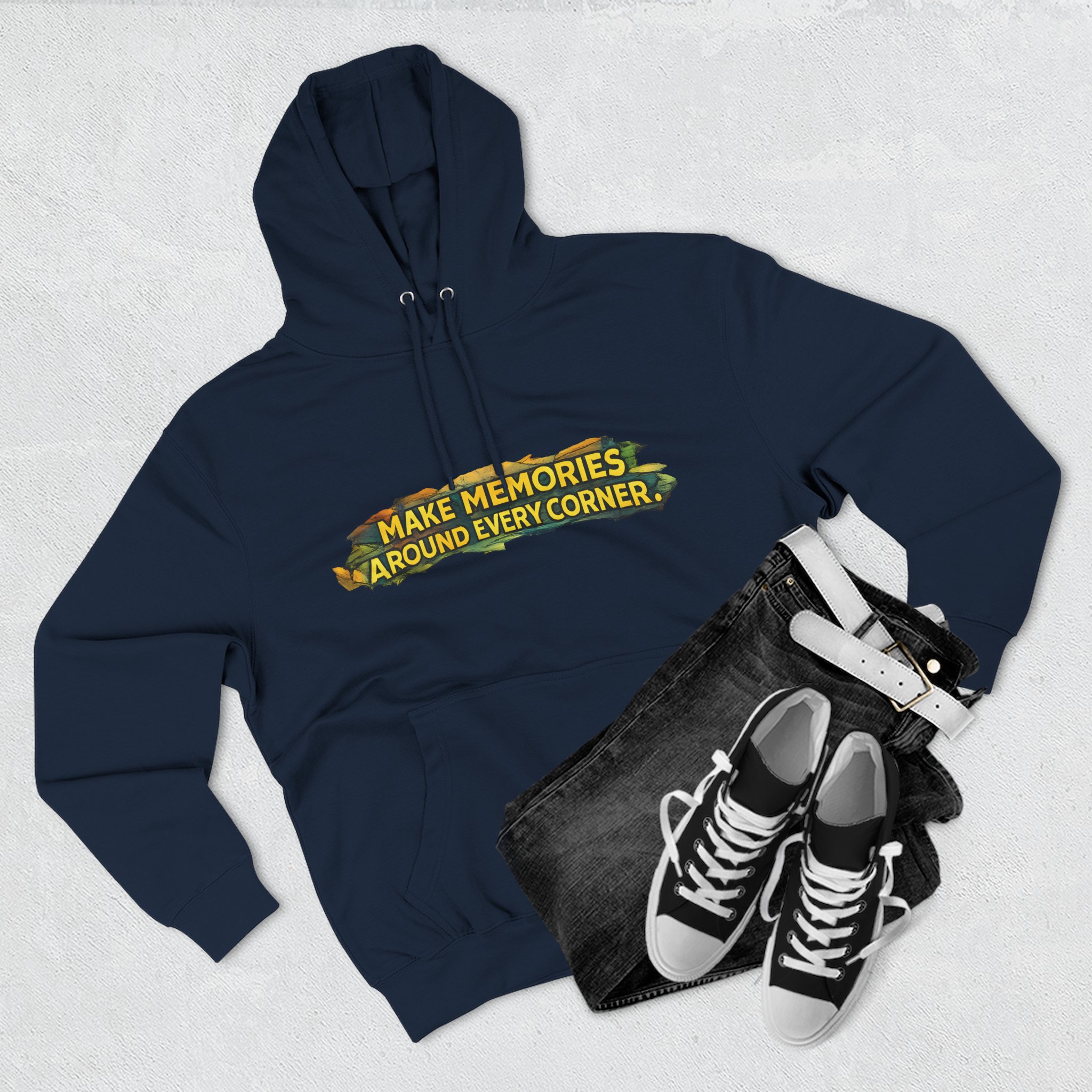 Three-Panel Fleece Hoodie - "Make Memories Around Every Corner" Design Cubic-Line