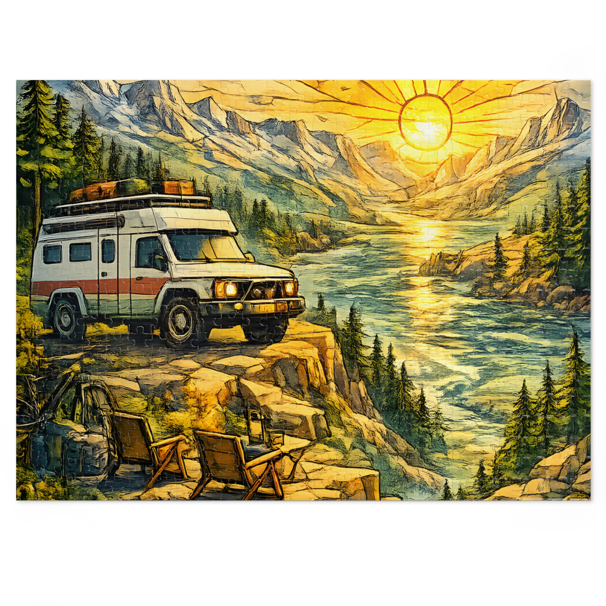 Jigsaw Puzzle with Tin — Camping Van Sunset (Design Cubic-Line)