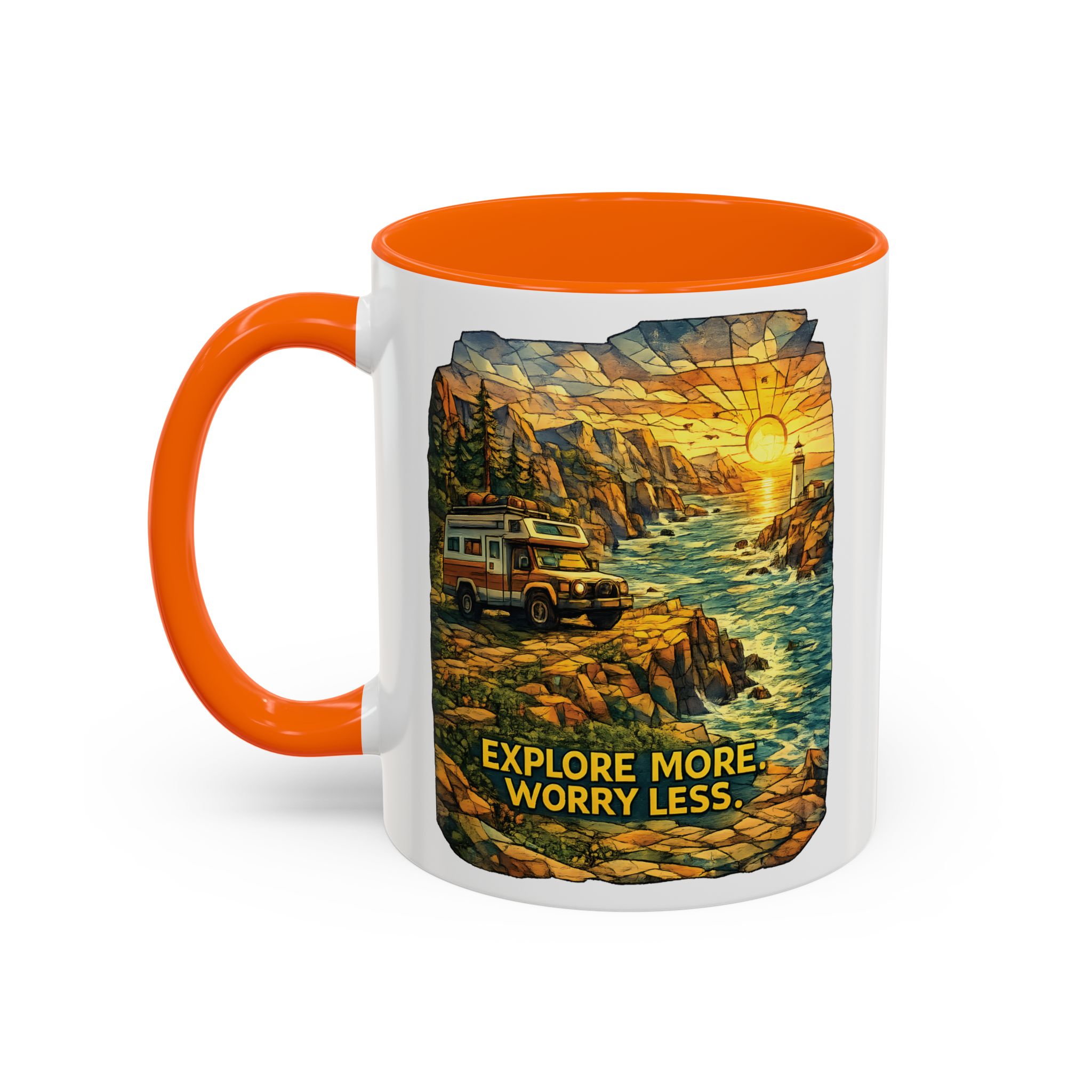Accent Coffee Mug (11, 15oz) — "Explore More Worry Less" Design Cubic-Line