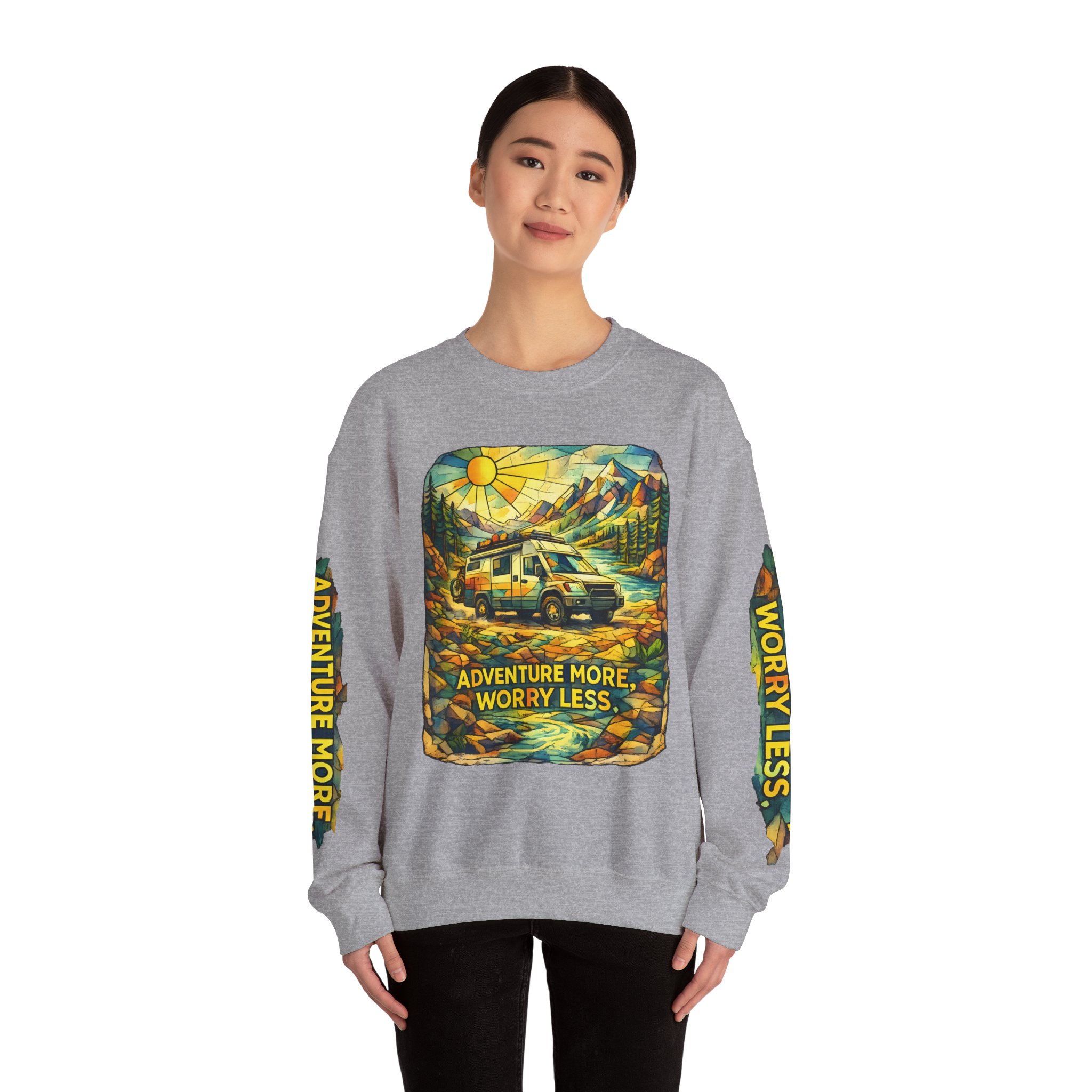 Unisex Heavy Blend™ Crewneck Sweatshirt — "Adventure More Worry Less" Design Cubic-Line
