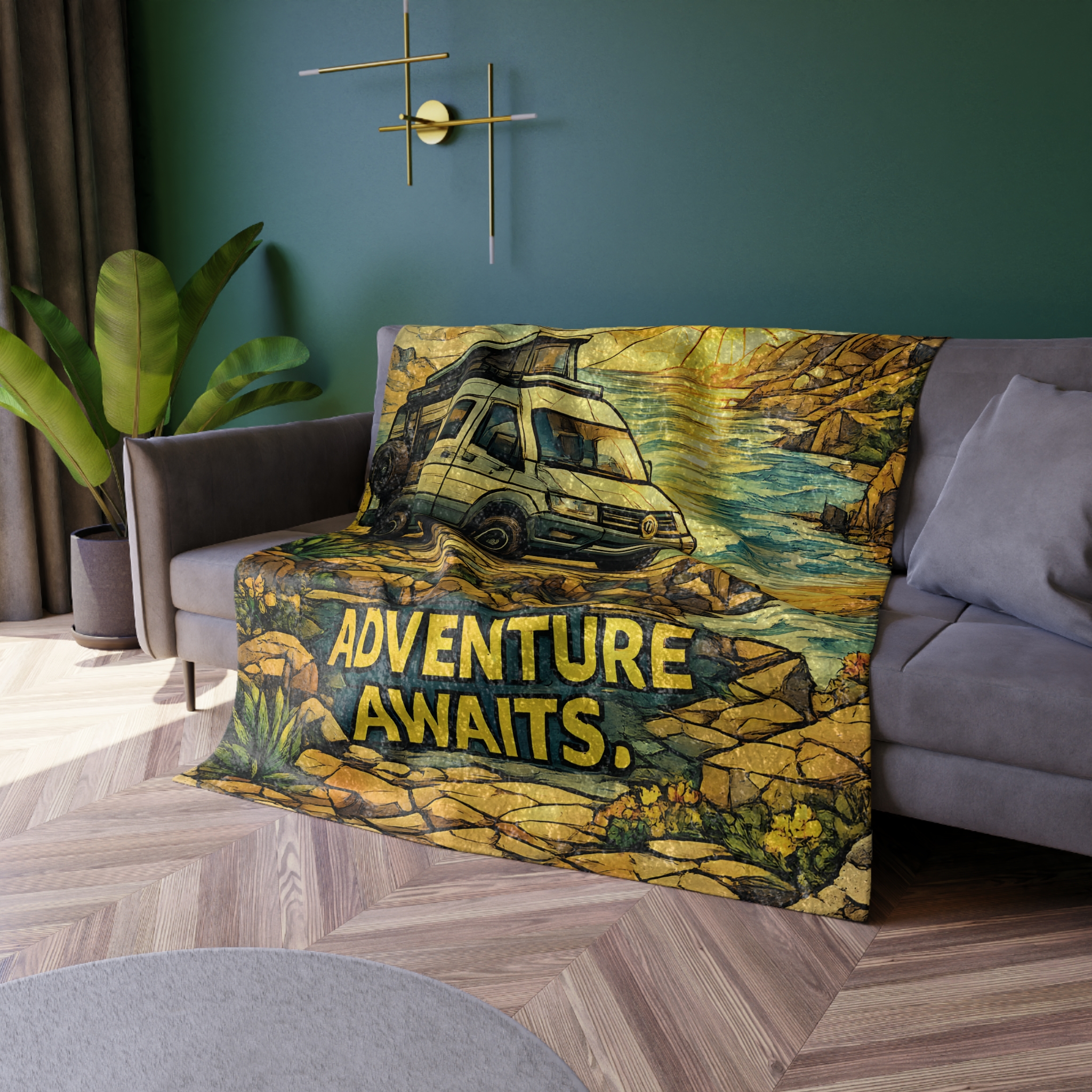 Crushed Velvet Blanket —"Adventure Awaits" Design Cubic-Line (Campervan)