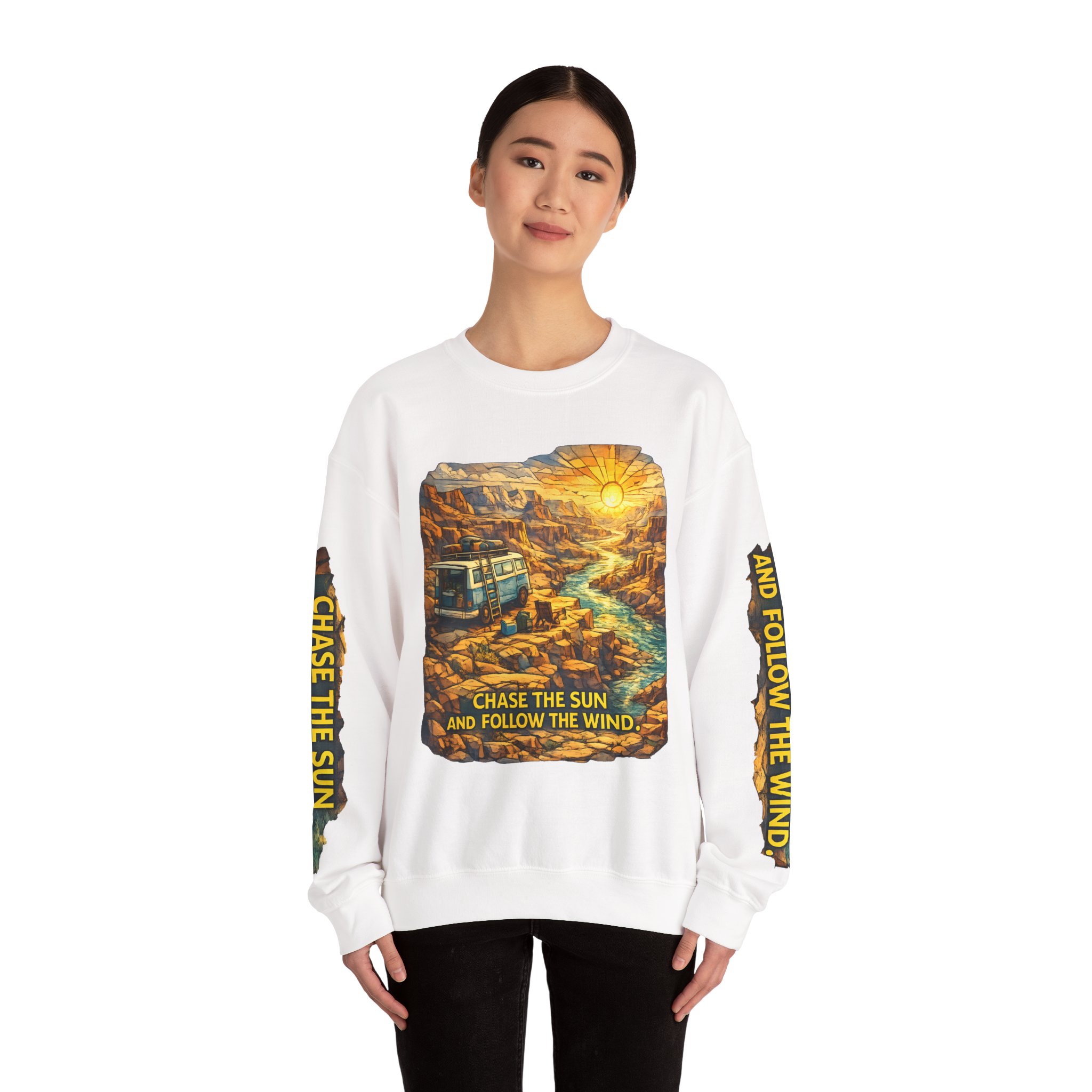 13873396804019315494_2048.jpeg Unisex Heavy Blend™ Crewneck Sweatshirt — "Chase The Sun And Follow The Wind" Design Cubic-Line