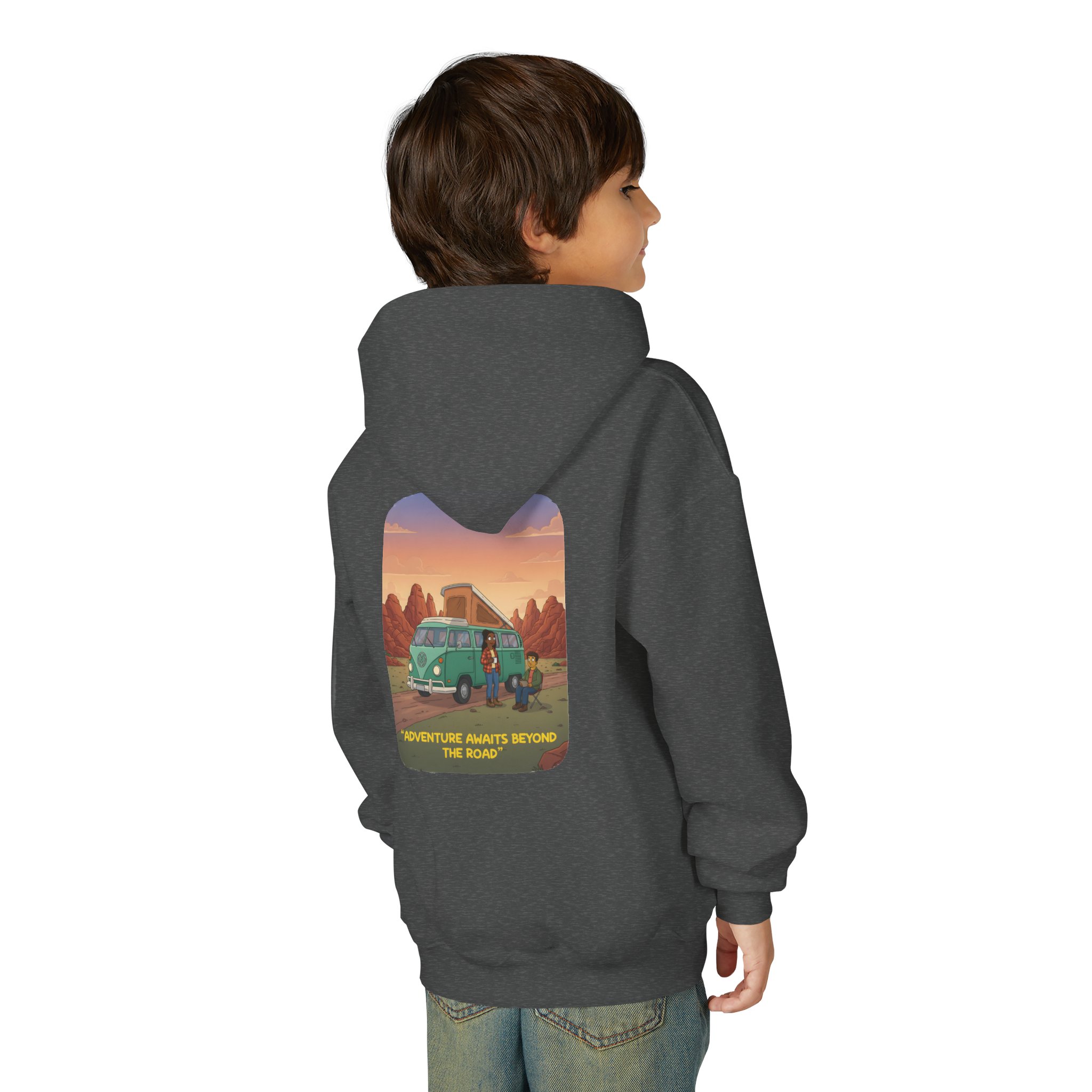 Youth Hoodie(Gildan) – "Adventure Awaits Beyond The Road" (Design Sitcom-Line)