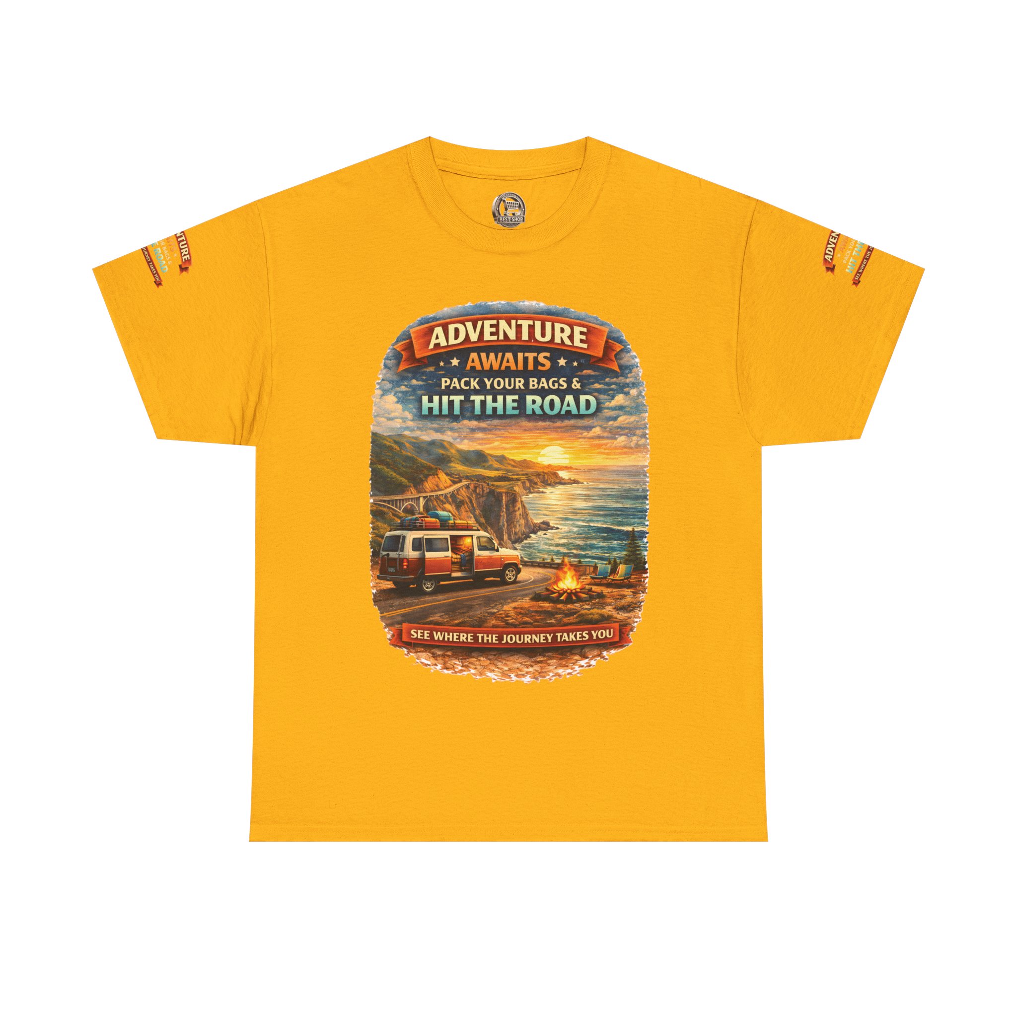 Unisex Heavy Cotton Tee — "Adventure Awaits-Pack Your Bags" Design Scenic-Line