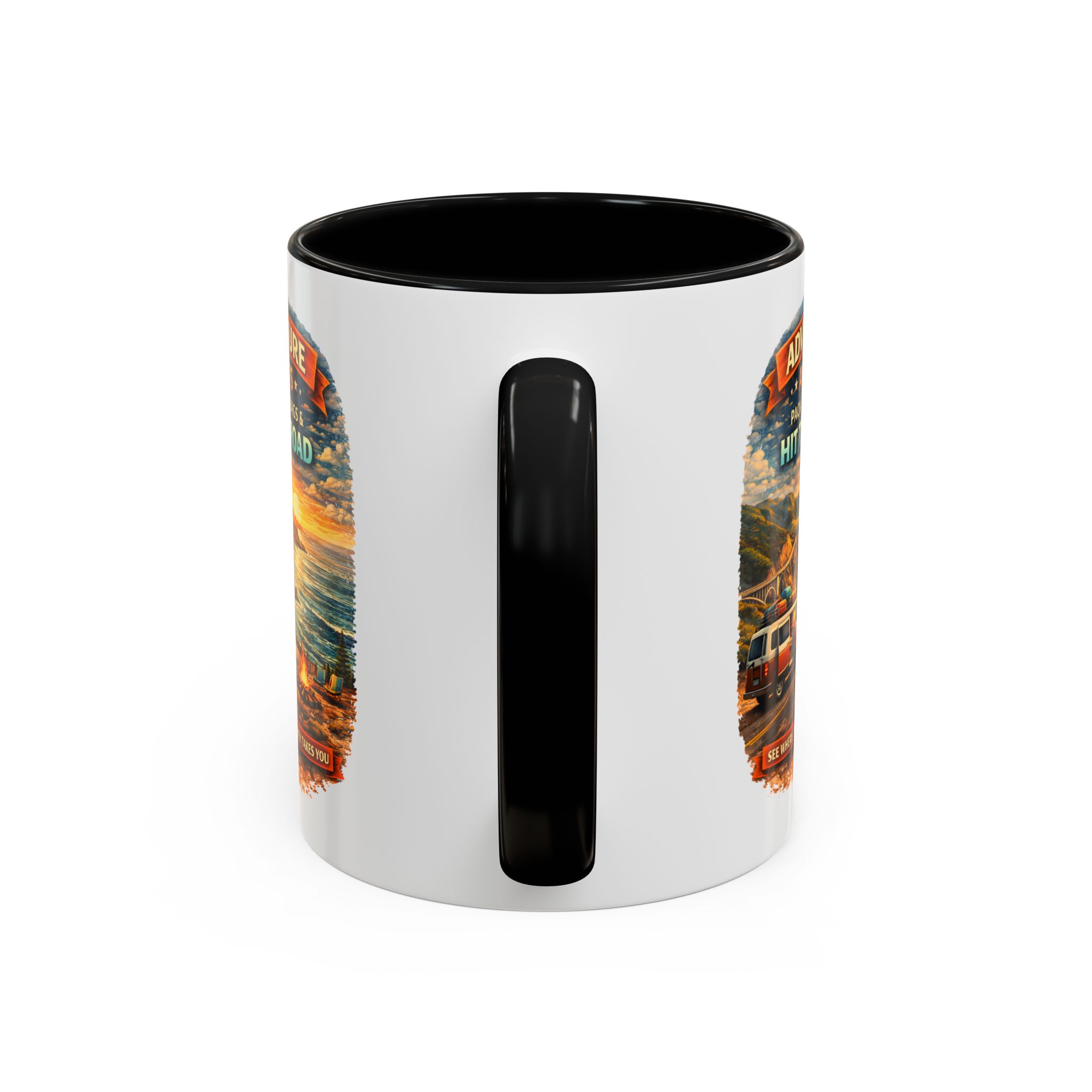 Accent Coffee Mug (11, 15oz) — "Adventure Awaits-Pack Your Bags" Design Scenic-Line