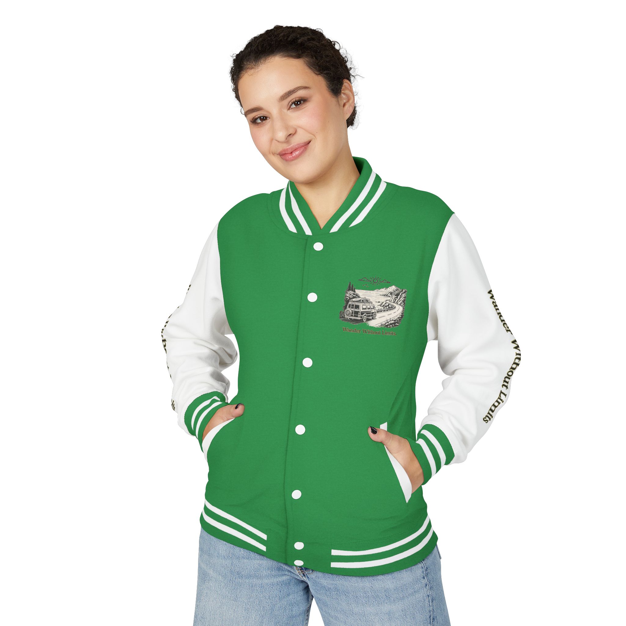Unisex Heavyweight Letterman Jacket — "Wander Without Limits" Travel Varsity Coat