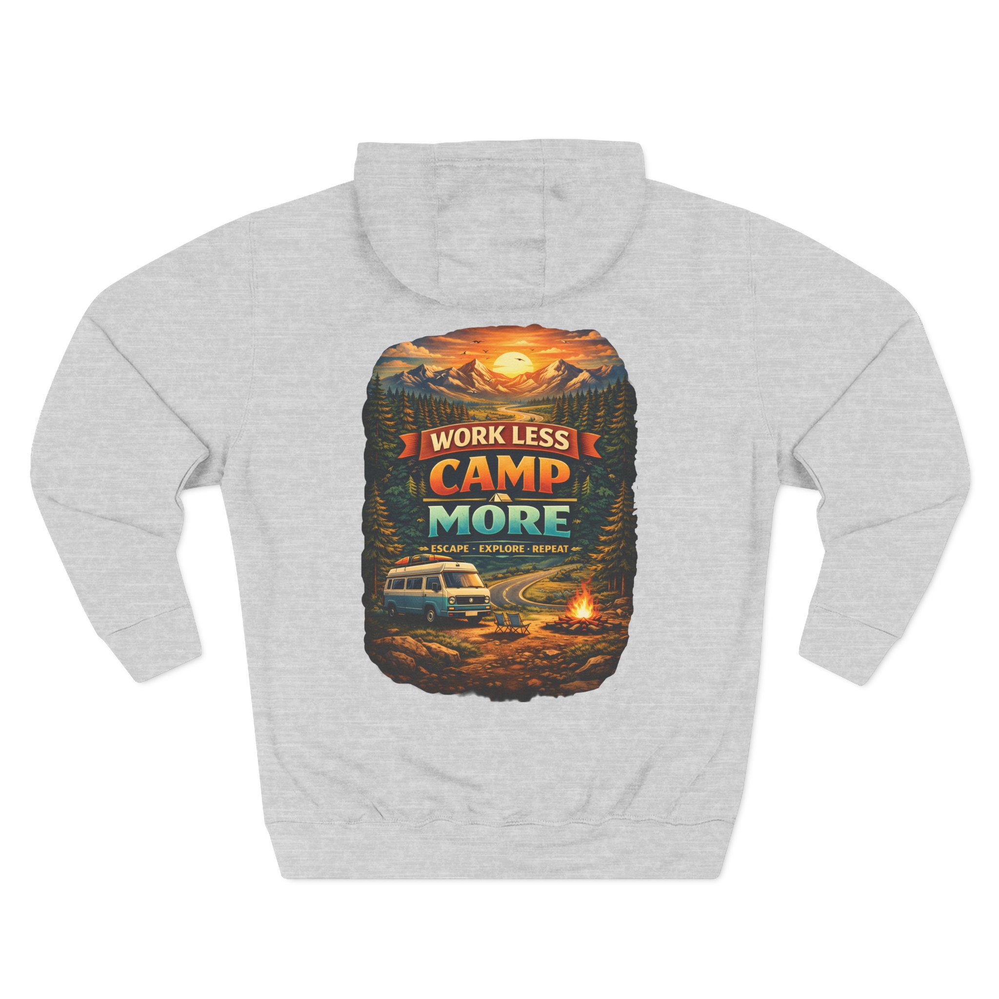Three-Panel Fleece Hoodie - "Work Less-Camp More" Design Scenic-Line