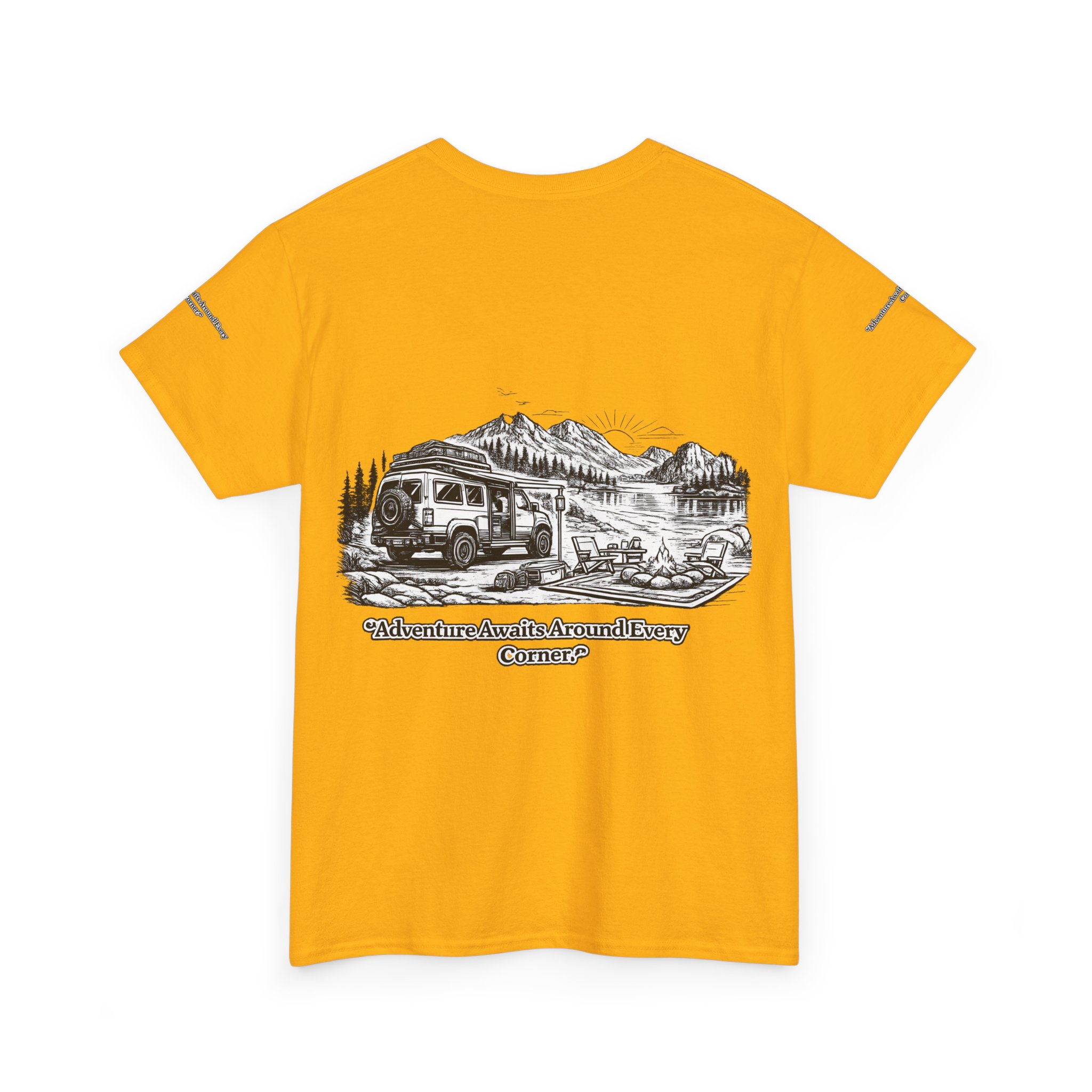 Unisex Heavy Cotton Tee — "Adventure Awaits Around Every Corner" Design Minimal-Line