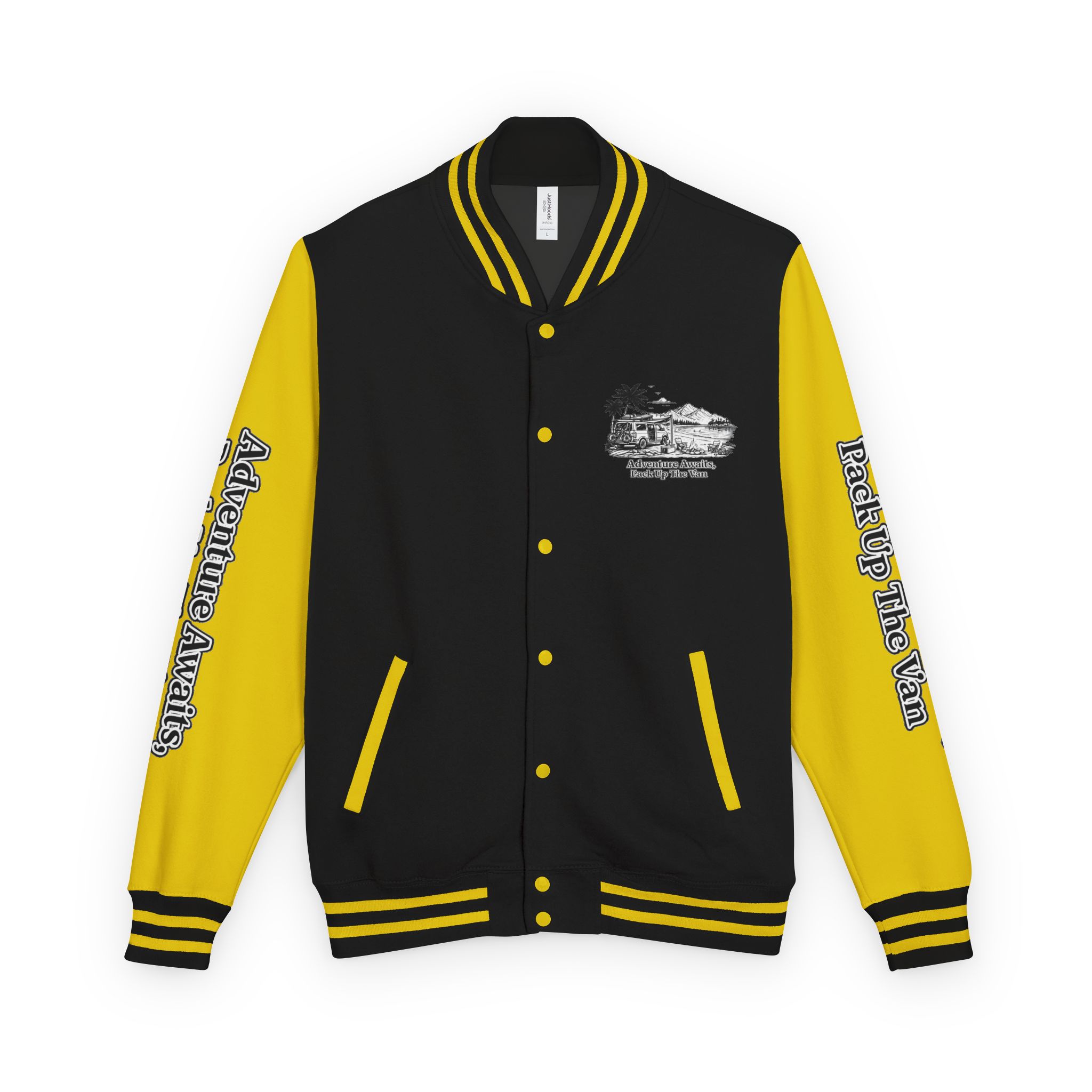 Unisex Heavyweight Letterman Jacket — "Adventure Awaits,Pack Up The Van" Travel Varsity Coat