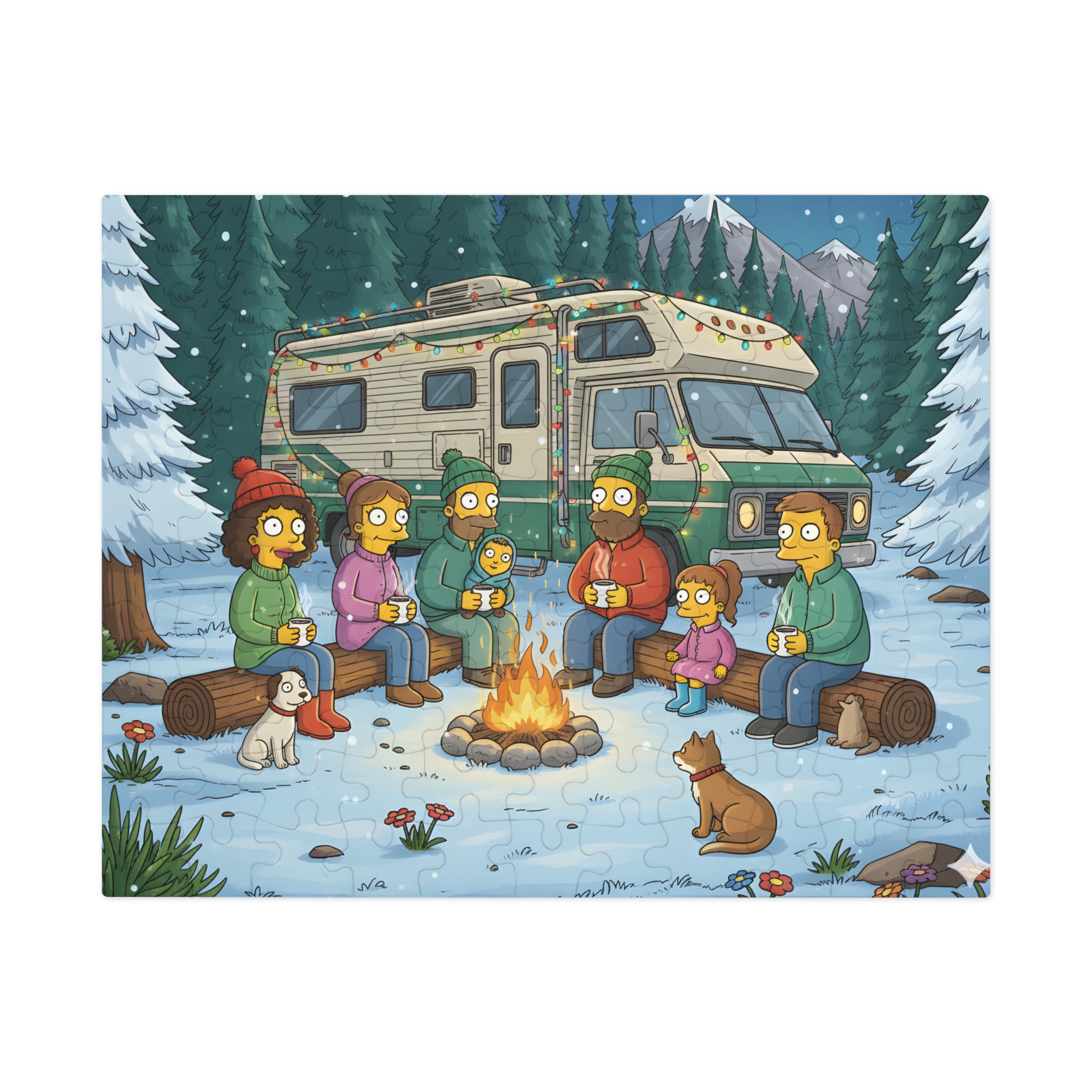 Jigsaw Puzzle with Tin — Cozy RV Winter Scene with Campfire