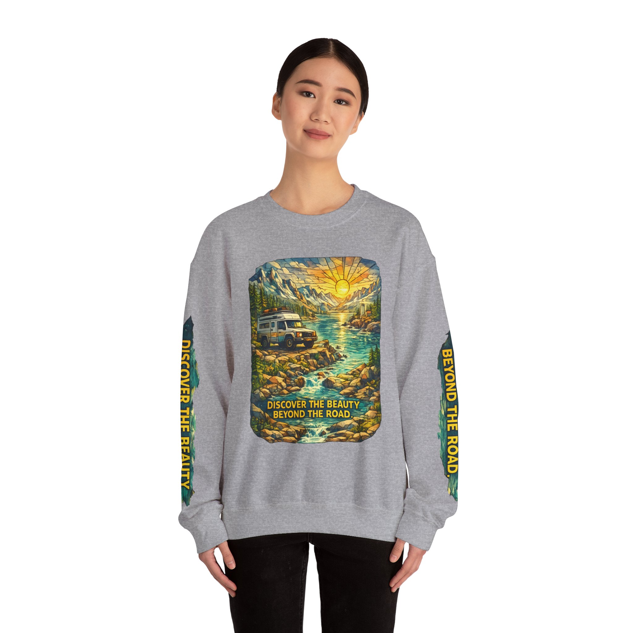 Unisex Heavy Blend™ Crewneck Sweatshirt — "Discover The Bieuty Beyond The Road" Design Cubic-Line