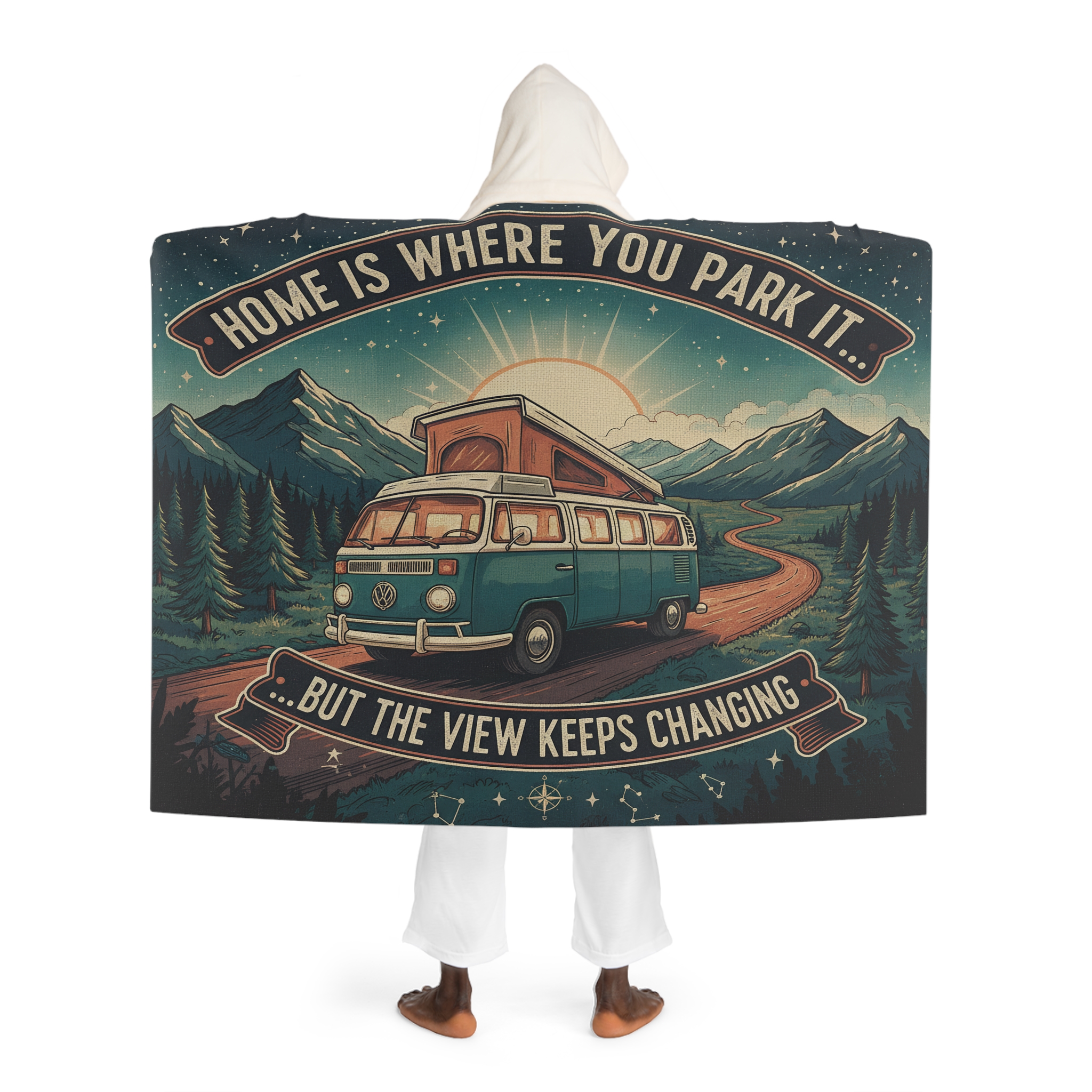 "NEW" Hooded Blanket — "Home Is Where You Park It -But The View keep Changing" Sherpa Fleece Camping Blanket
