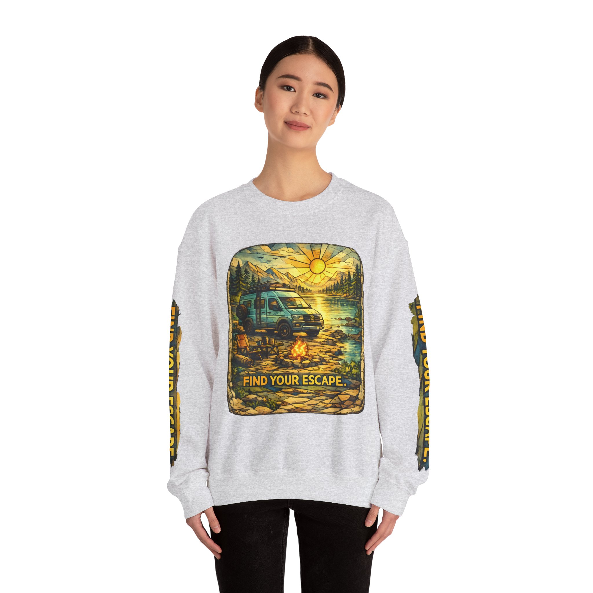 Unisex Heavy Blend™ Crewneck Sweatshirt — "Find Your Escape" Design Cubic-Line