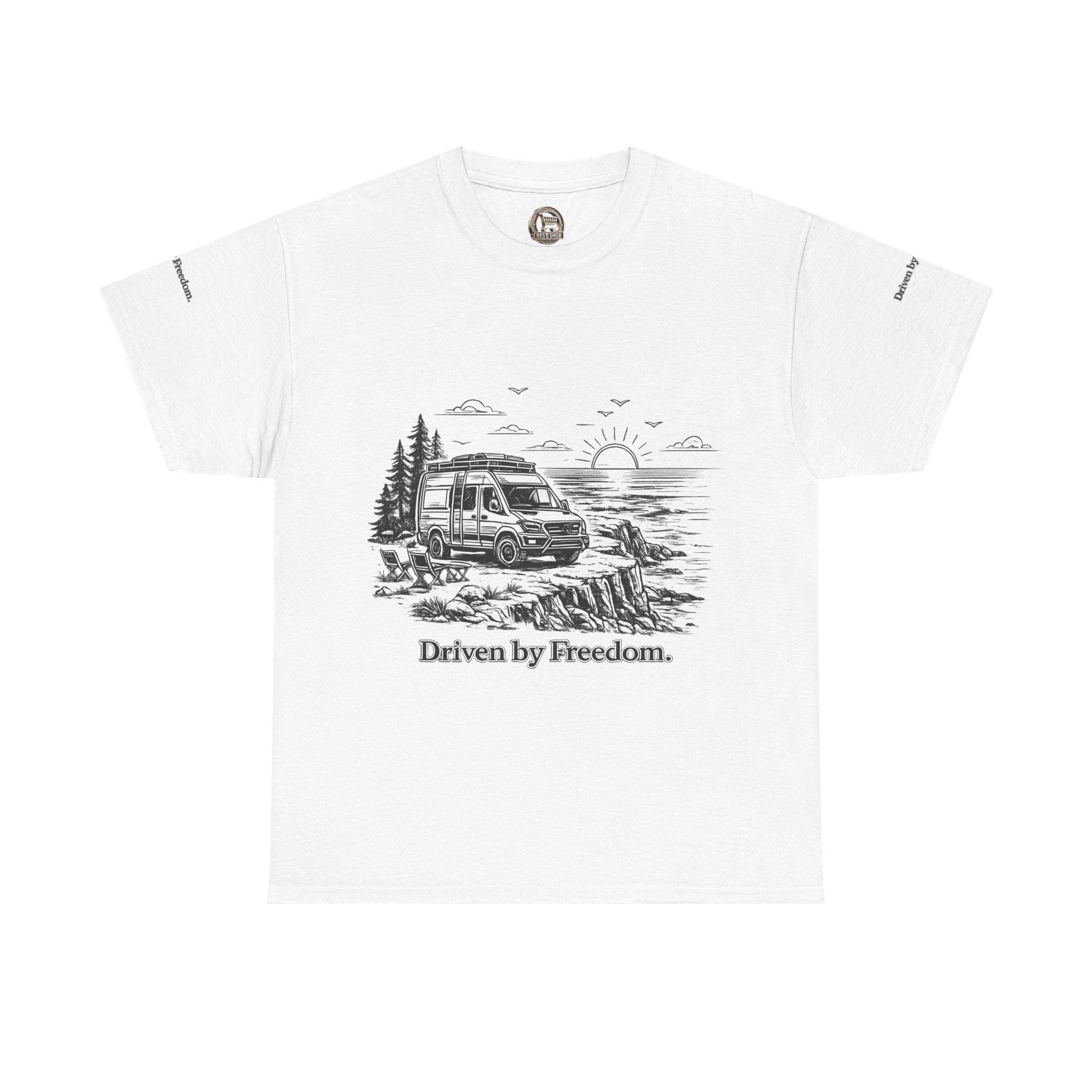 Unisex Heavy Cotton Tee — ""Driven By Freedom" Design Minimal-Line