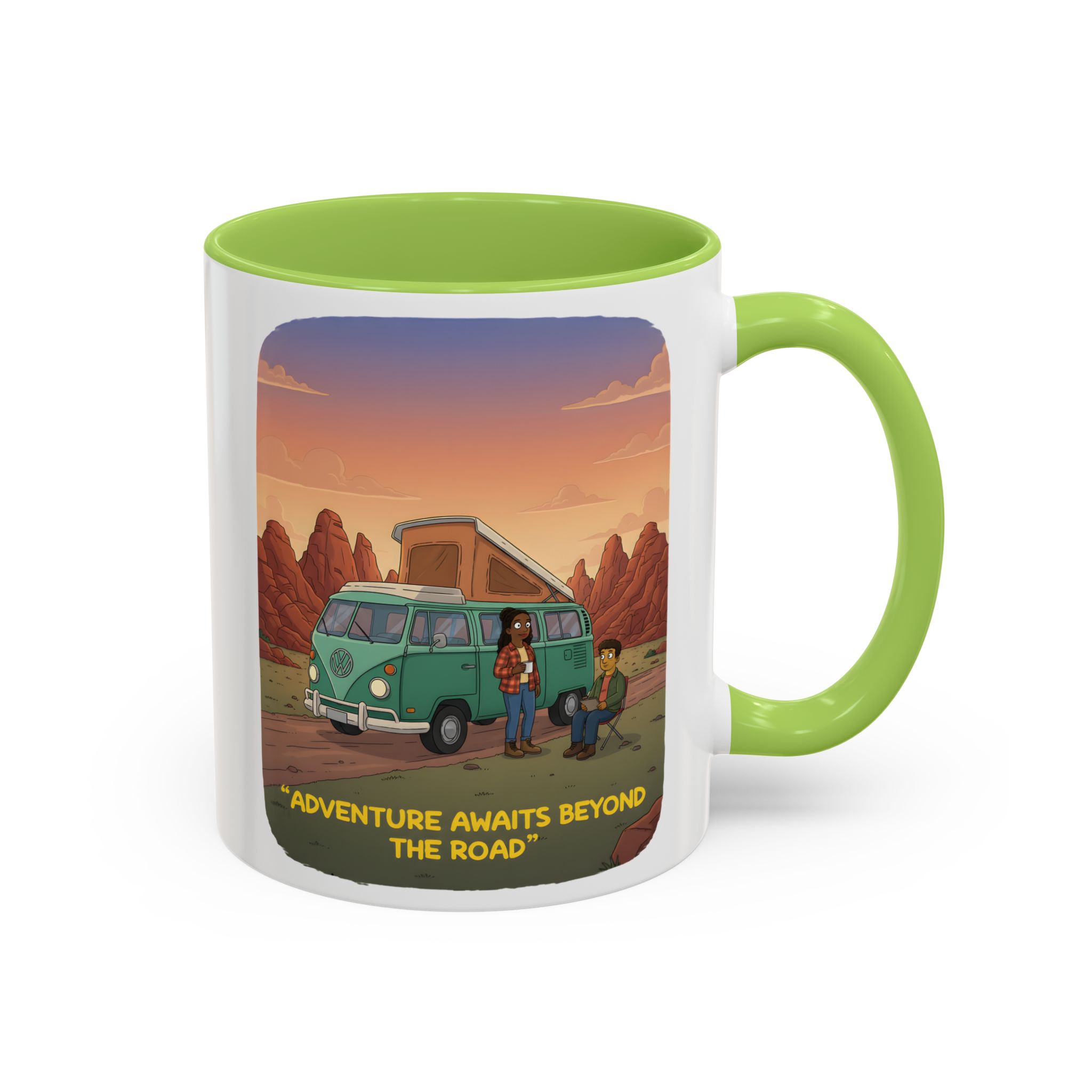 Accent Coffee Mug (11, 15oz) — "Adventure Awaits Beyond The Road" Design Sitcom-Line