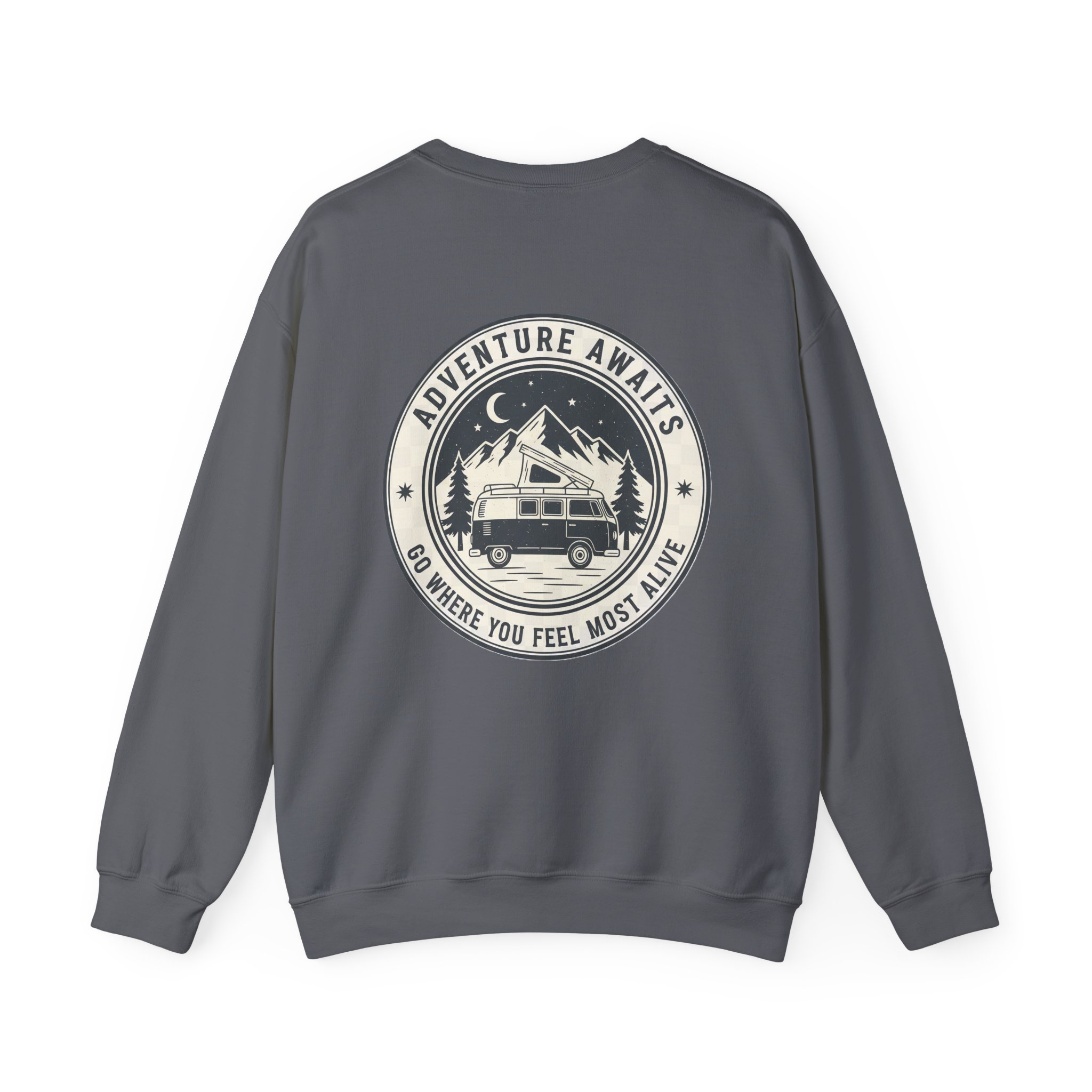 14014249994521944778_2048.jpeg Crewneck Sweatshirt — "Adventure Awaits-Go Where You Feel Most Alive" (Only Back printed) Vintage Camper Van Outdoor Graphic