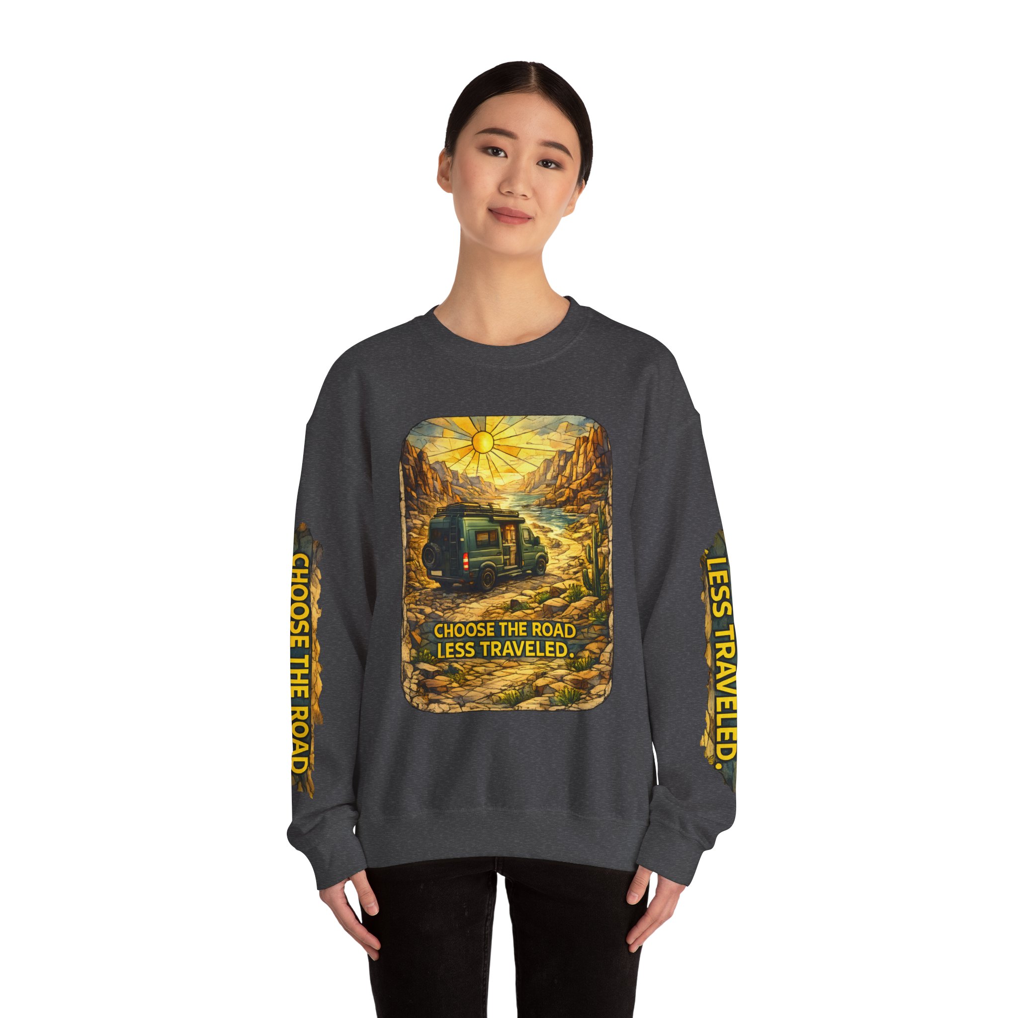 Unisex Heavy Blend™ Crewneck Sweatshirt — "Choose The Road Less Traveled" Design Cubic-Line