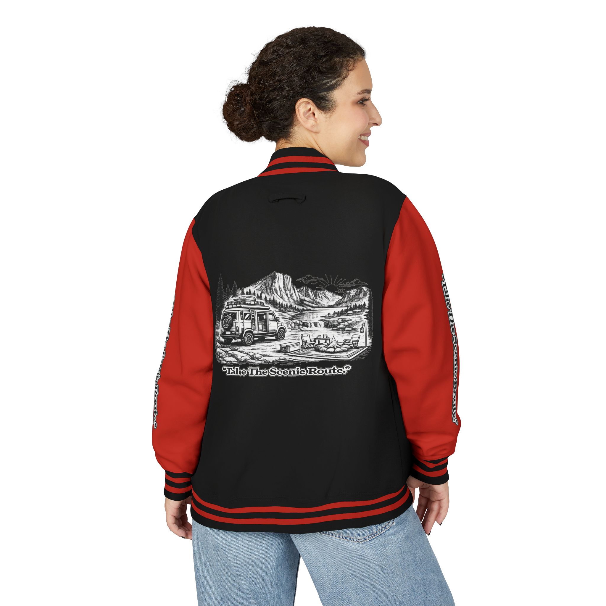 Unisex Heavyweight Letterman Jacket — "Take The Scenic Route" Travel Varsity Coat