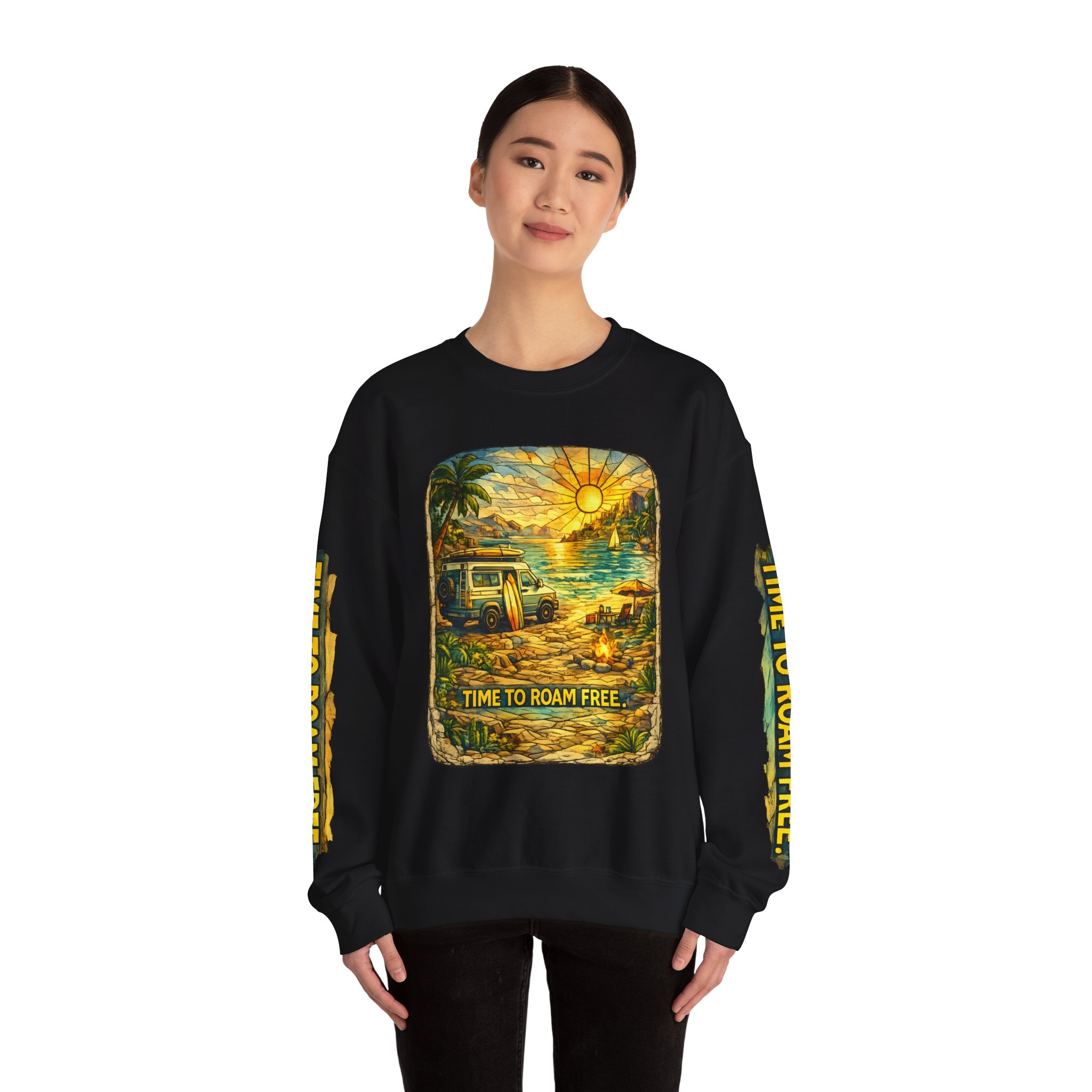 Unisex Heavy Blend™ Crewneck Sweatshirt — "Time To Roam Free" Design Cubic-Line