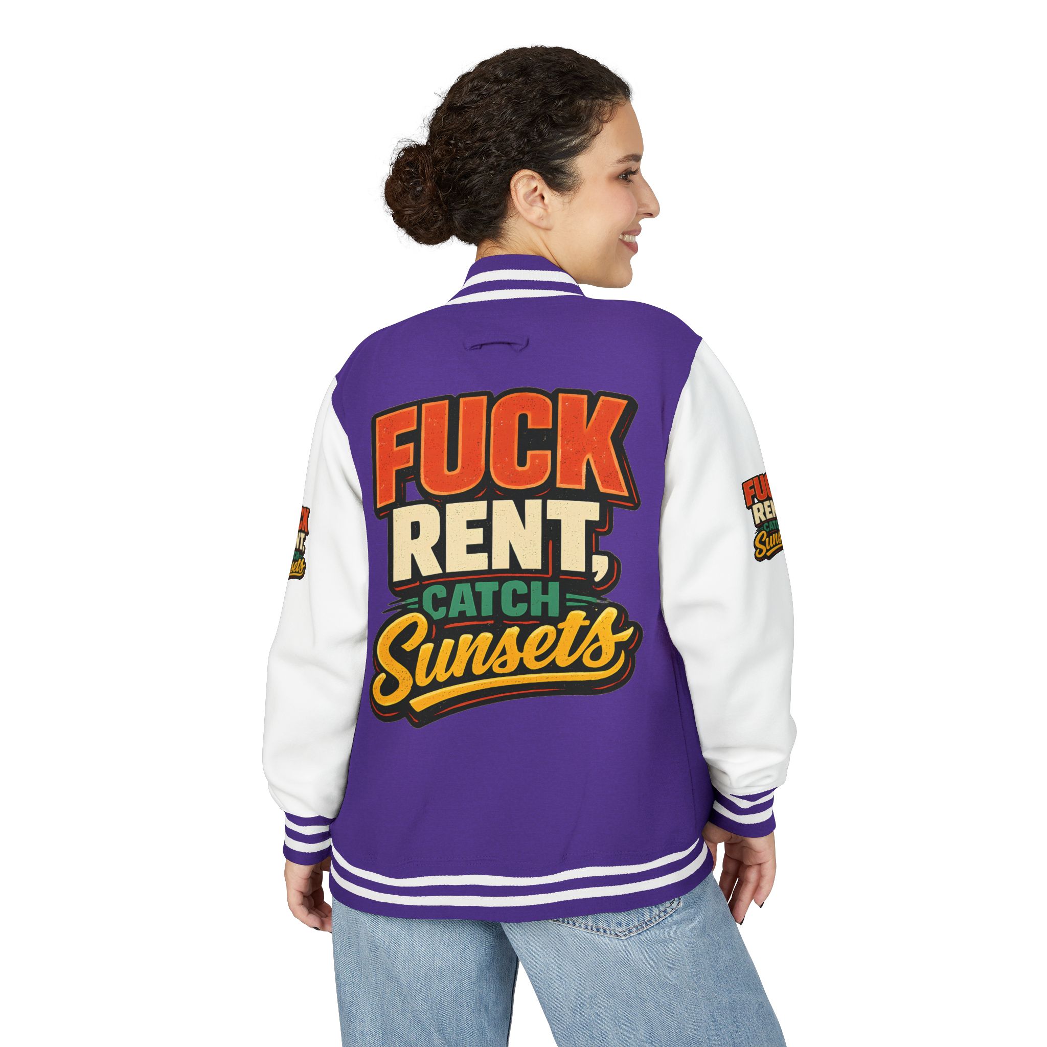 14041505216429467899_2048-2.jpeg Unisex Heavyweight Letterman Jacket — "Fuck Rent Catch Sunsets" Design F**K-Line
