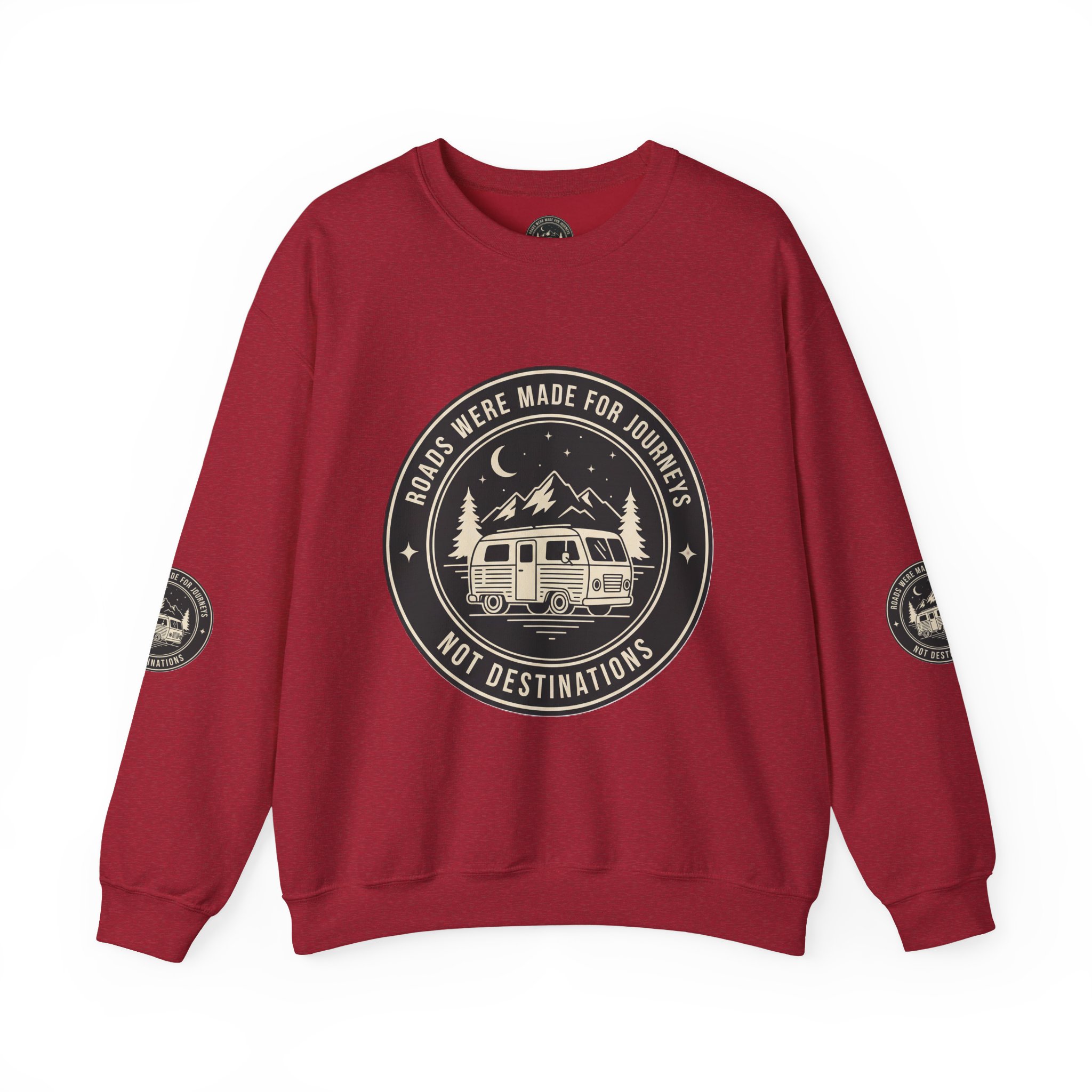 Crewneck Sweatshirt — "ROAD WHERE MADE FOR JOURNEYS-NOT DESTINATIONS" (Font + Back + Sleaves printed) Vintage Camper Van Outdoor Graphic