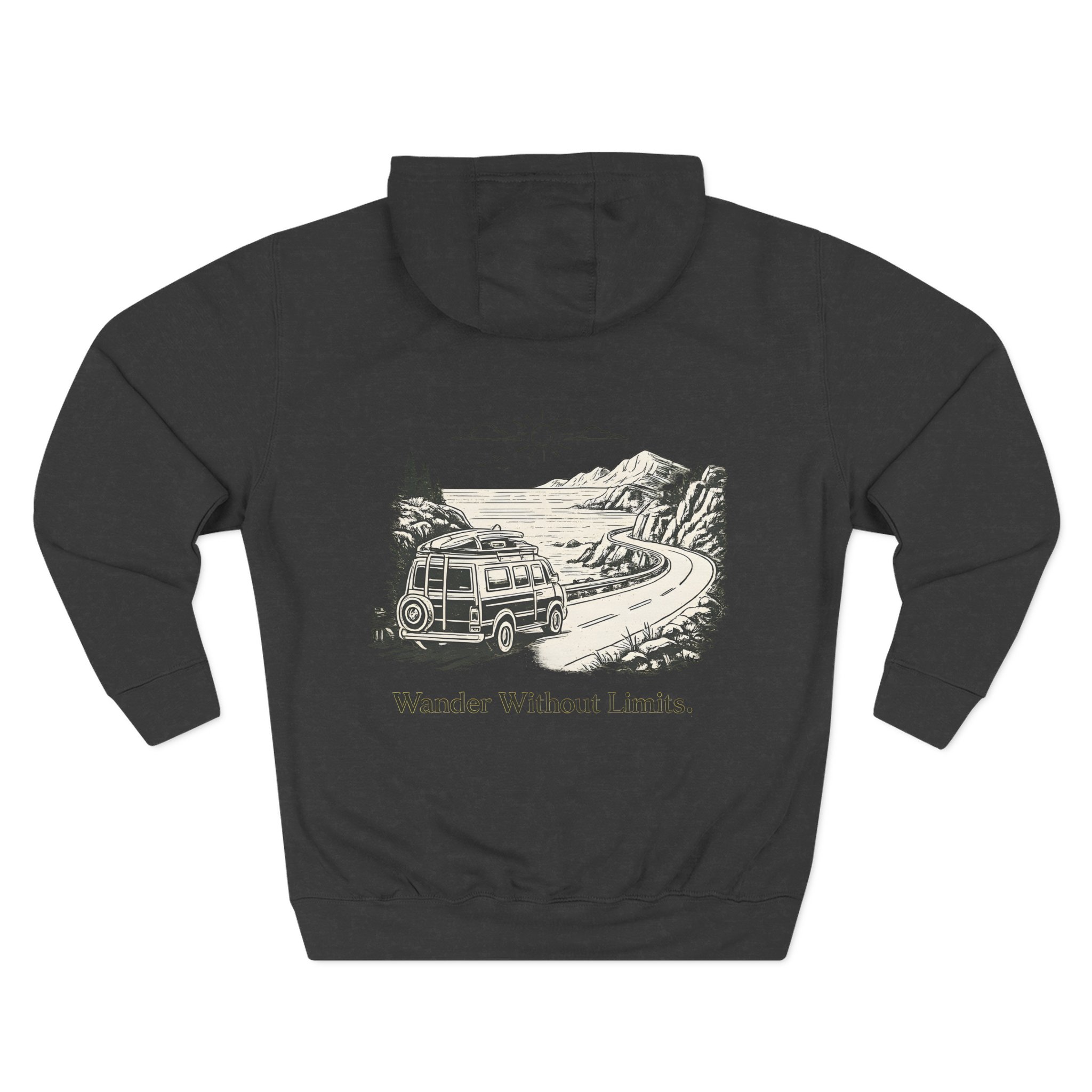 Three-Panel Fleece Hoodie - "Wander Without Limits" Design Minimal-Line
