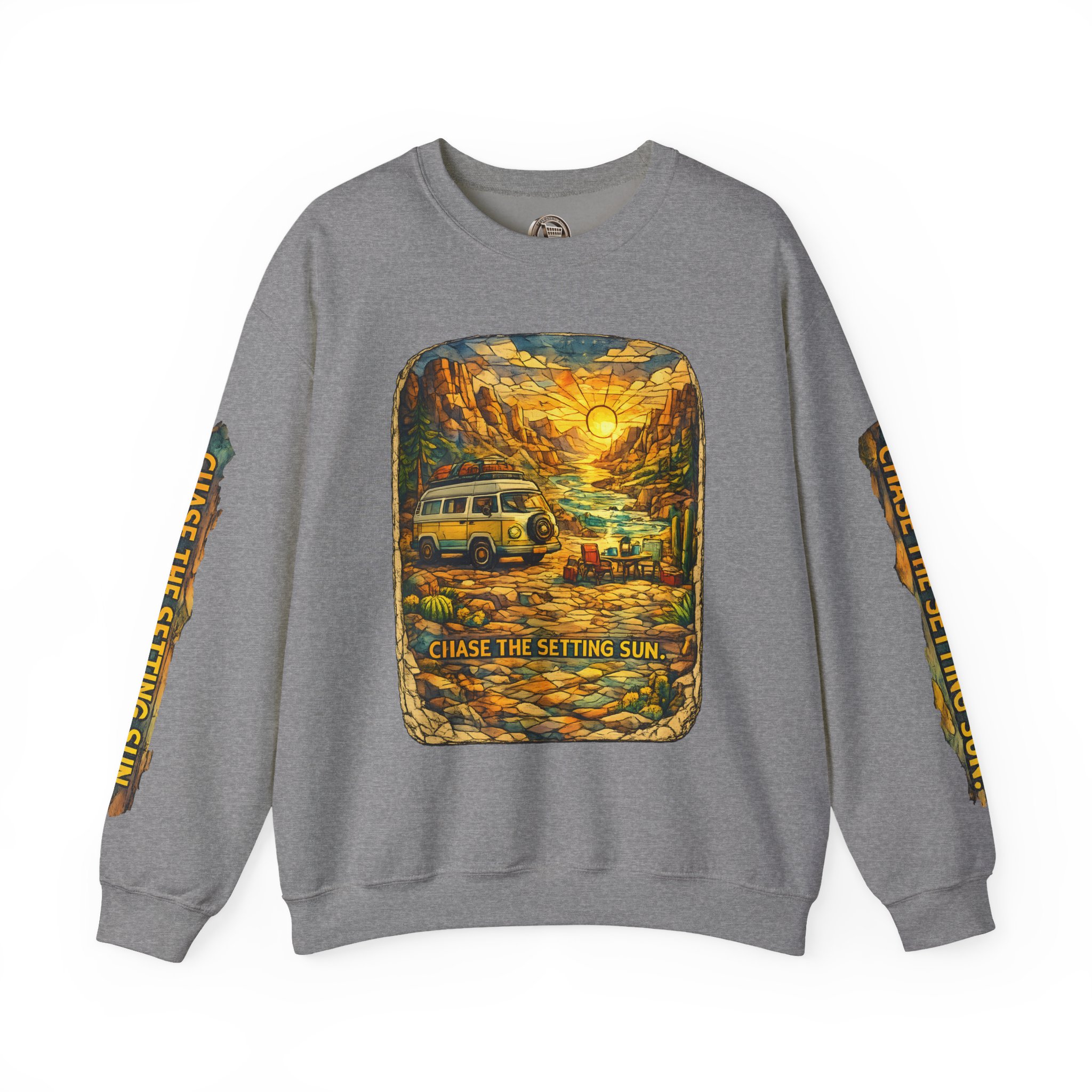 Unisex Heavy Blend™ Crewneck Sweatshirt — "Chase The Settings Sun" Design Cubic-Line