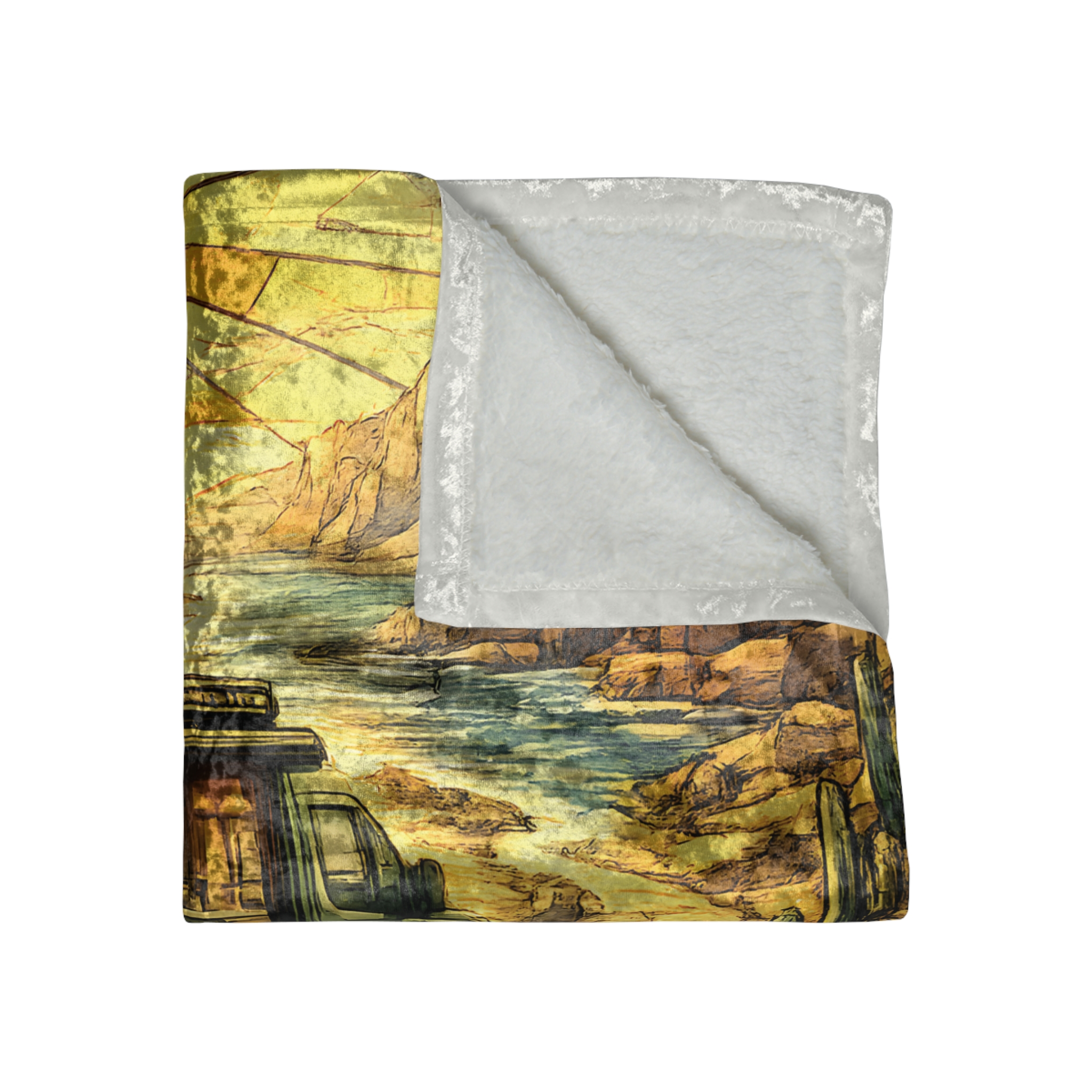 Crushed Velvet Blanket —"Choose The Road Less Traveled" Design Cubic-Line (Campervan)