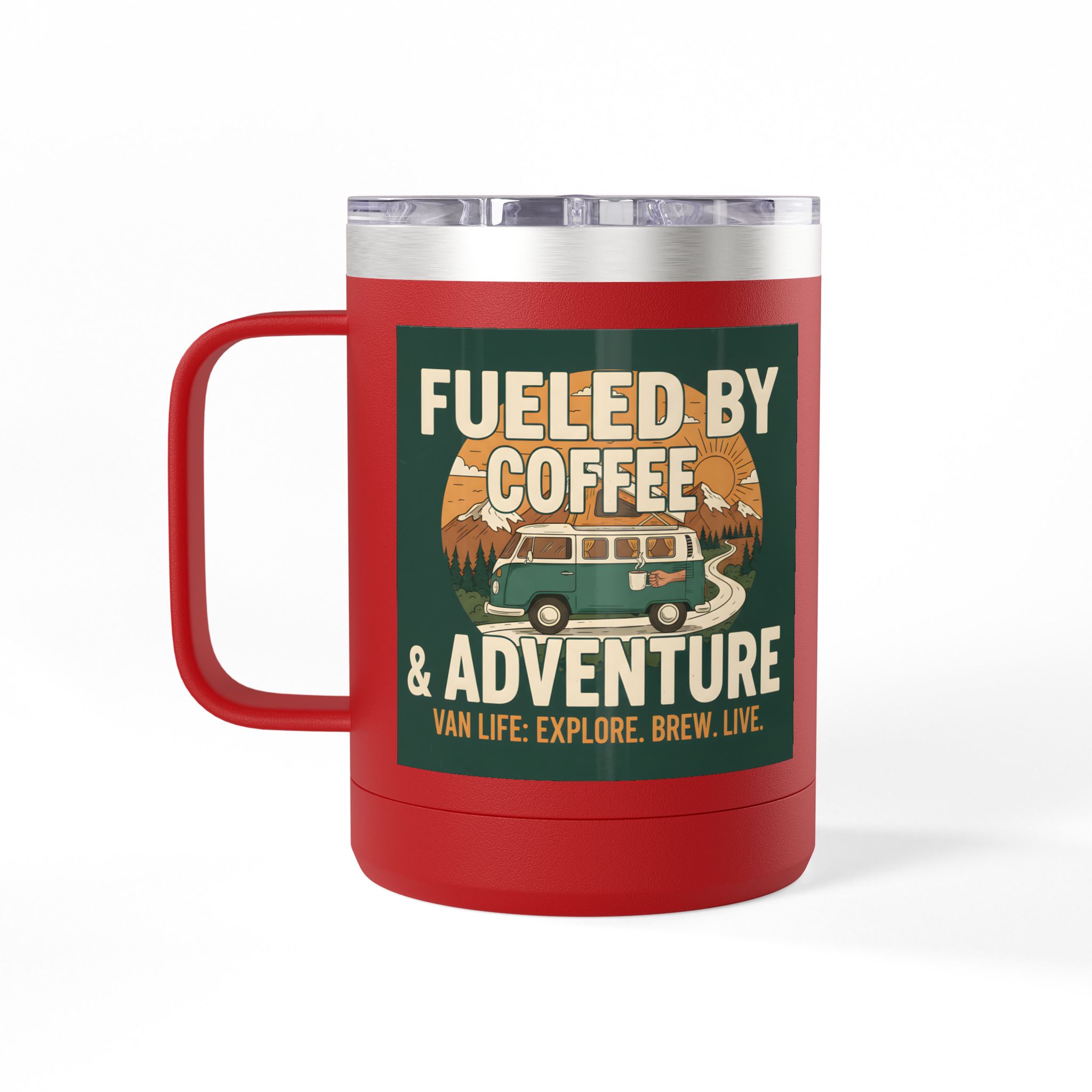 Coffee Mug Tumbler, 15oz — "Fueled by Coffee & Adventure"
