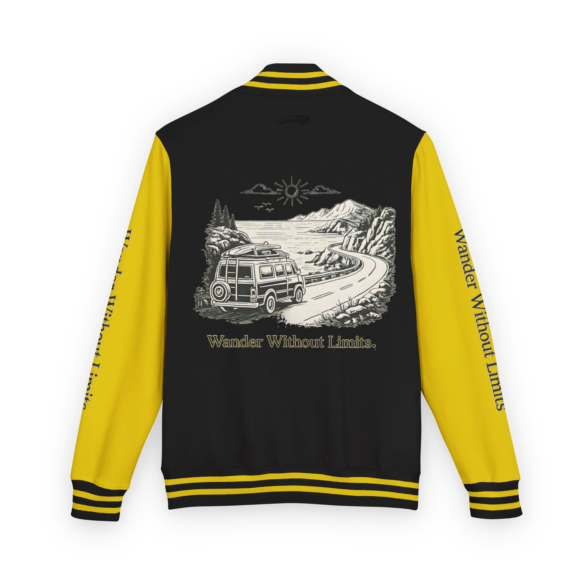 Unisex Heavyweight Letterman Jacket — "Wander Without Limits" Travel Varsity Coat