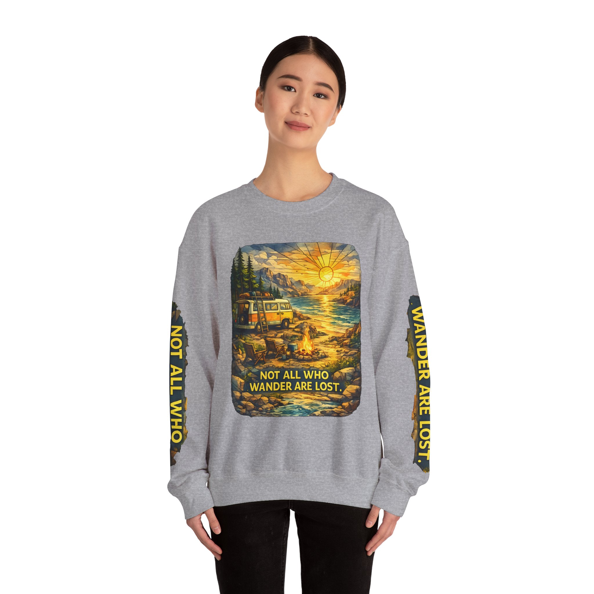 Unisex Heavy Blend™ Crewneck Sweatshirt — "Not All Who Wander Are Lost" Design Cubic-Line