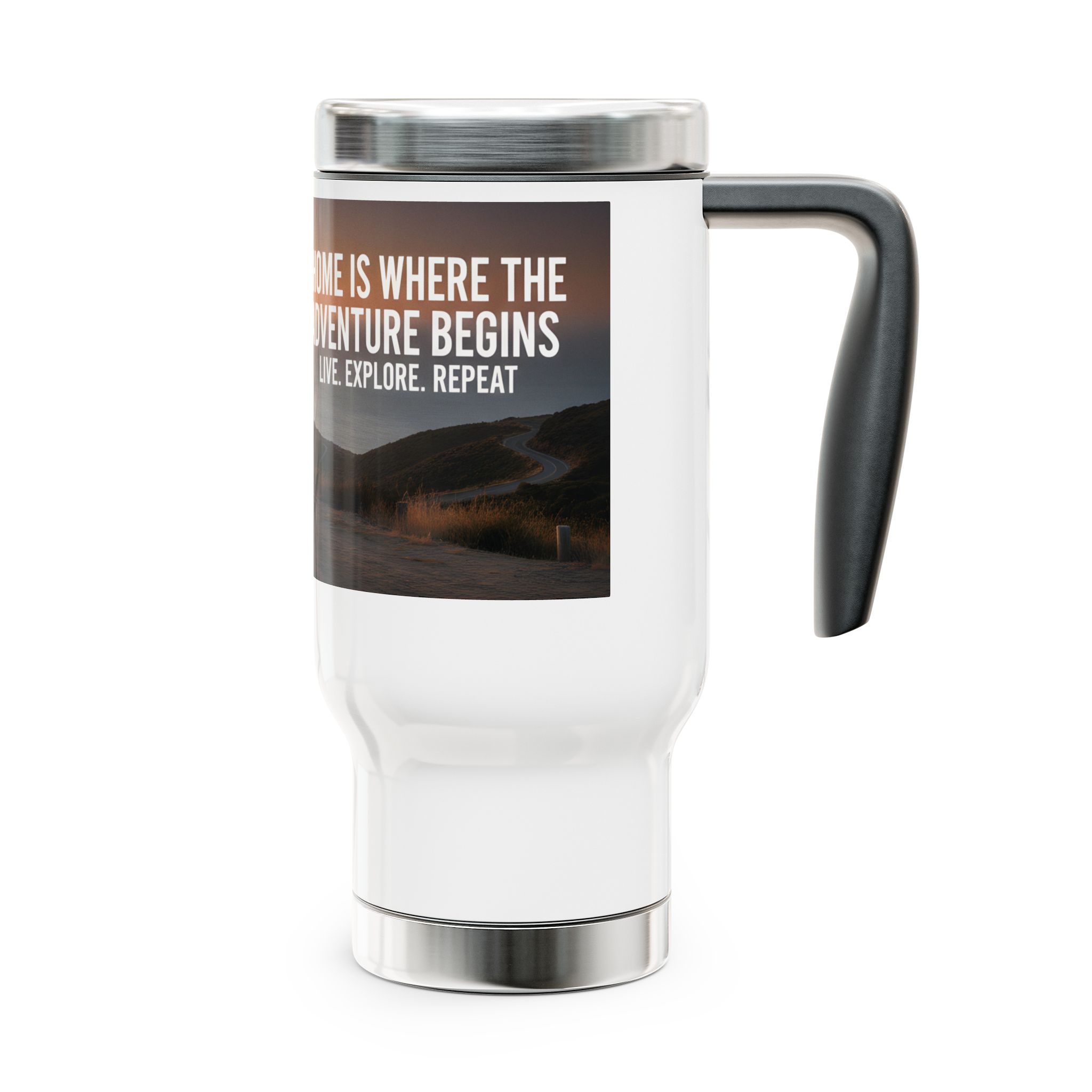 Stainless Steel Travel Mug with Handle, 14oz – "Home Is Where The Adventure Is"