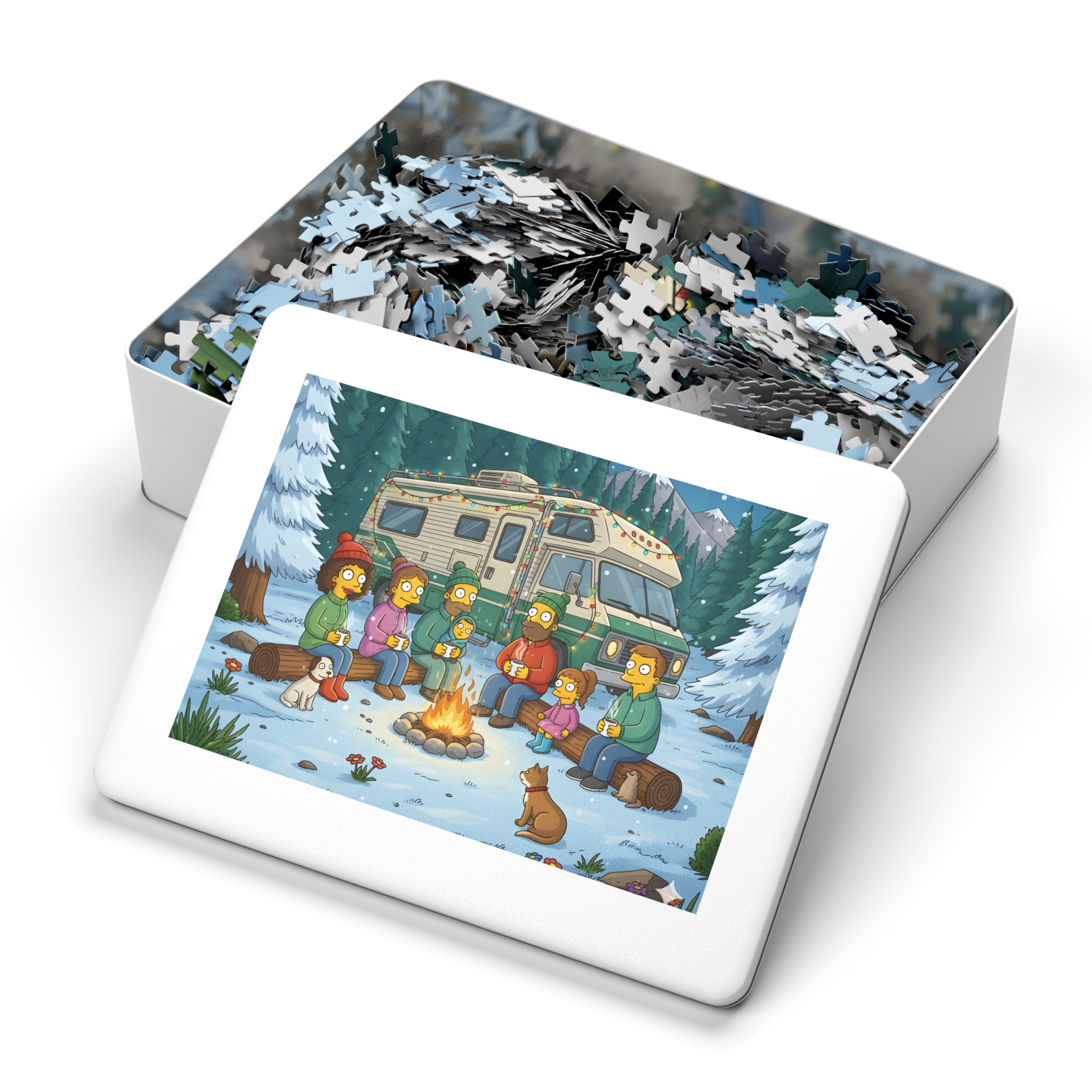 Jigsaw Puzzle with Tin — Cozy RV Winter Scene with Campfire