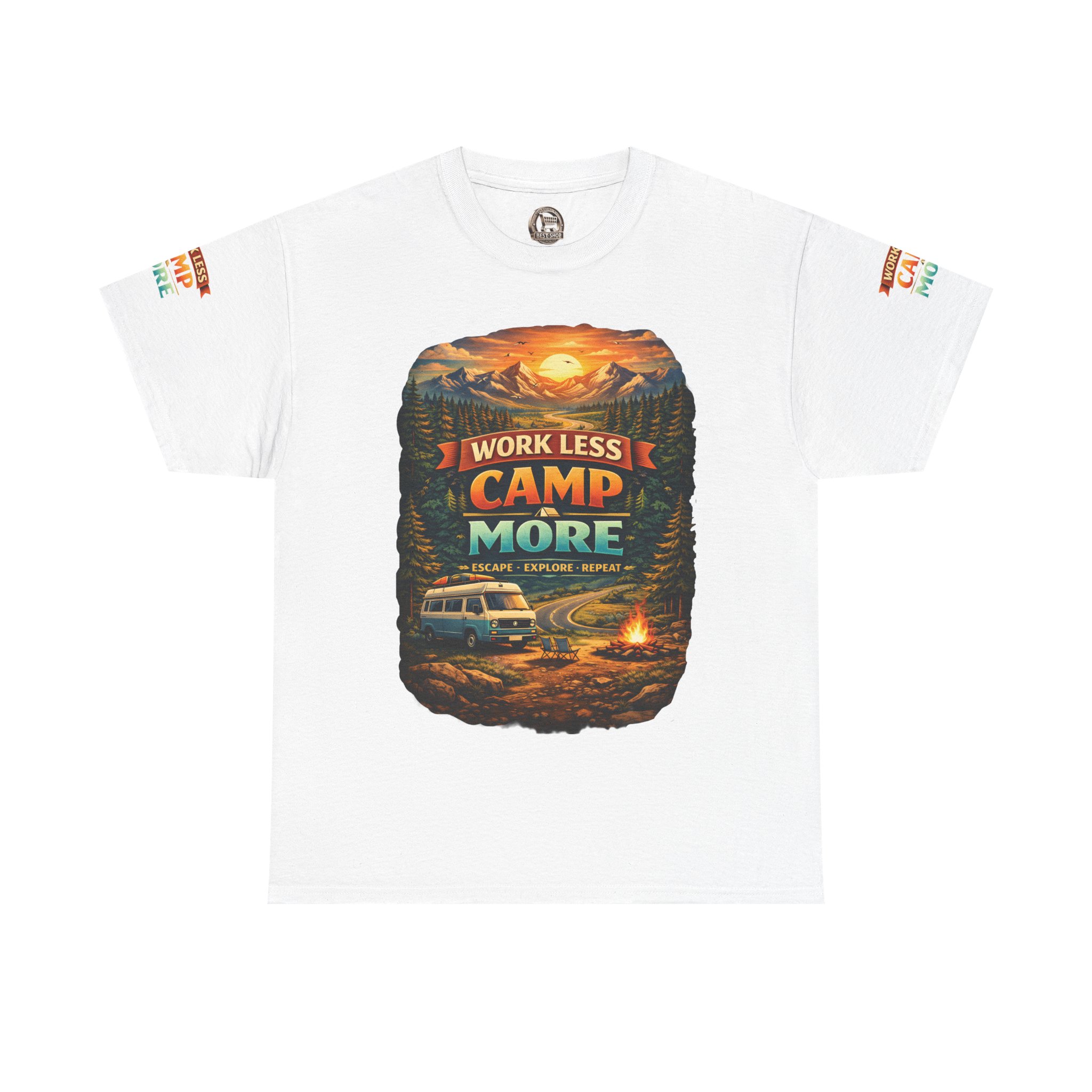 Unisex Heavy Cotton Tee — "Work Less Camp More" Design Scenic-Line