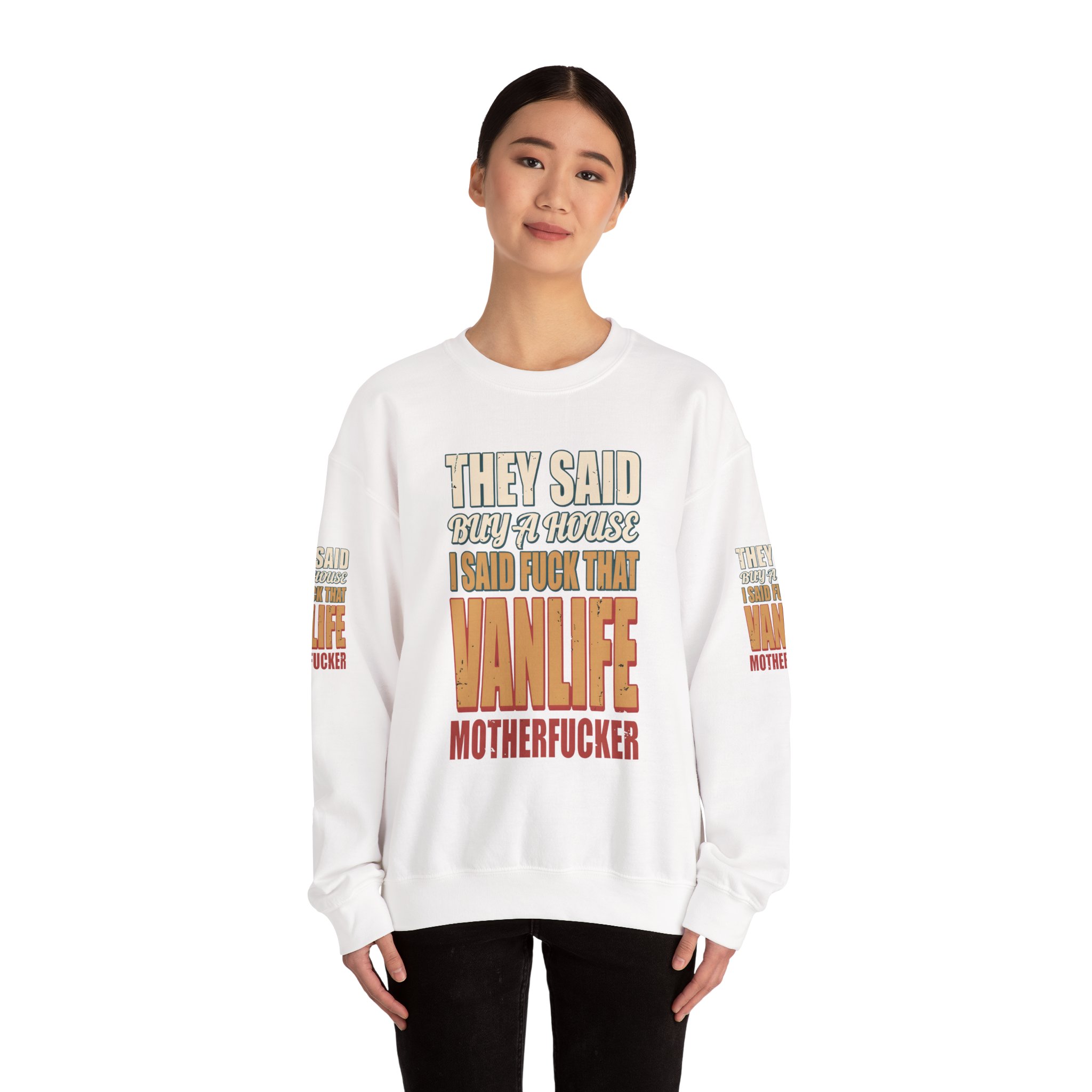 Unisex Heavy Blend™ Crewneck Sweatshirt — "They Said Buy A House" Design F**K-Line
