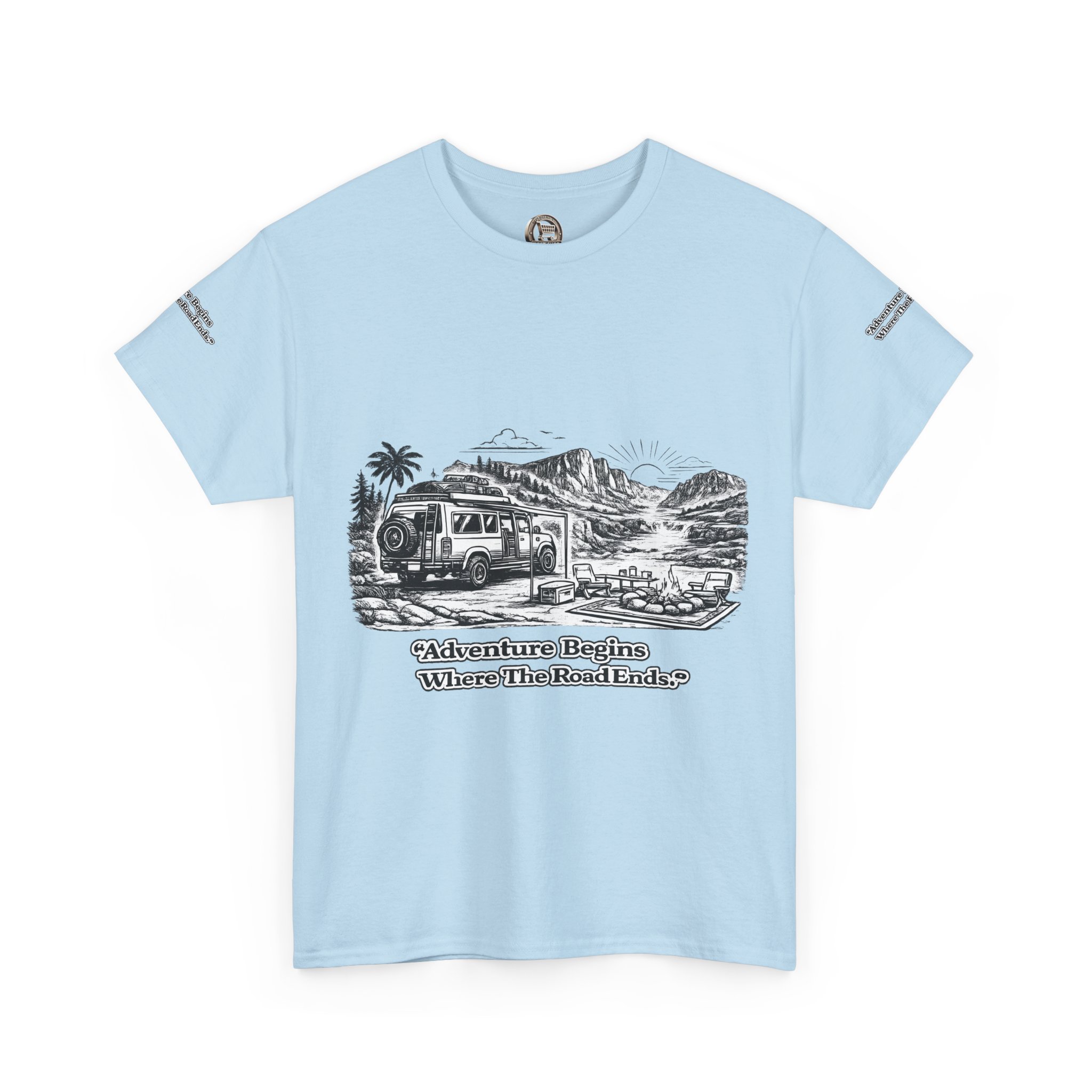 Unisex Heavy Cotton Tee — "Adventure Begins Where The Road Ends" Design Minimal-Line