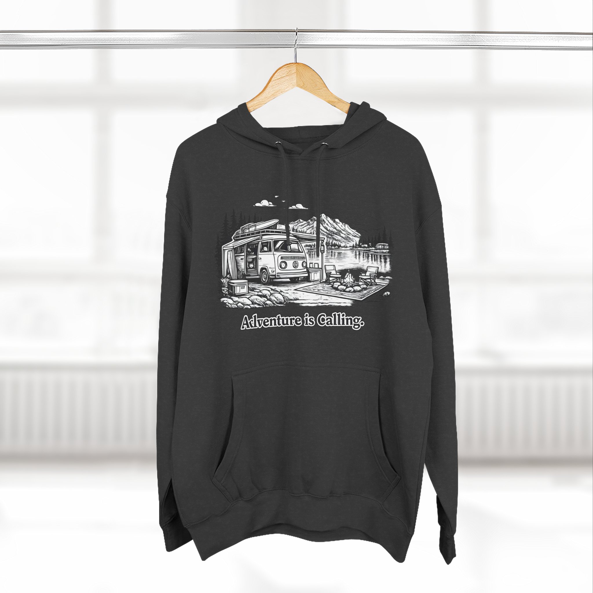 Three-Panel Fleece Hoodie - "Adventure Is Calling" Design Minimal-Line