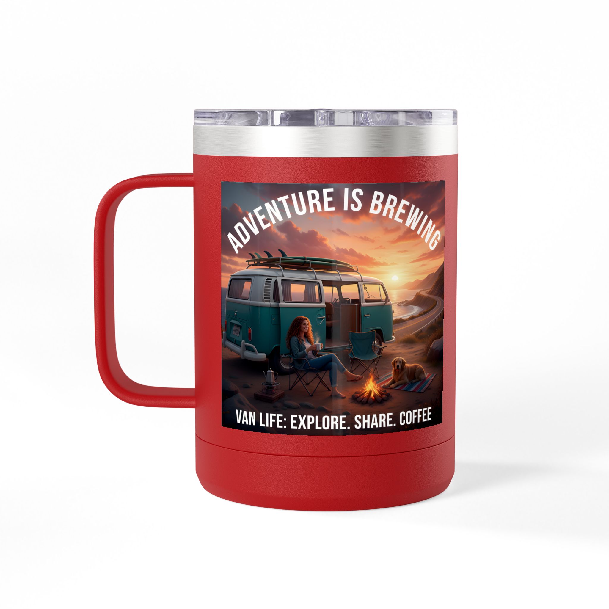 Coffee Mug Tumbler, 15oz-- "Adventure Is Brewing"