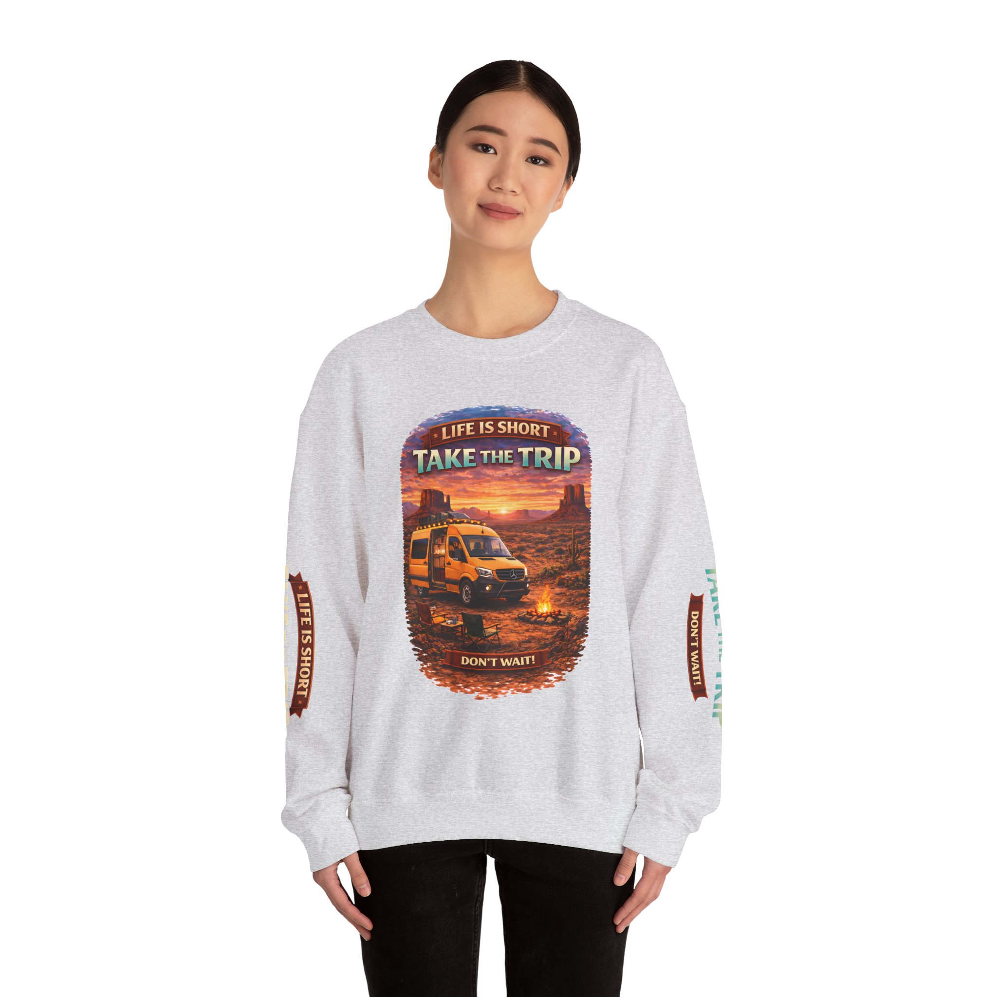 Unisex Heavy Blend™ Crewneck Sweatshirt — "Live Is Short Take The Trip" Design Scenic-Line
