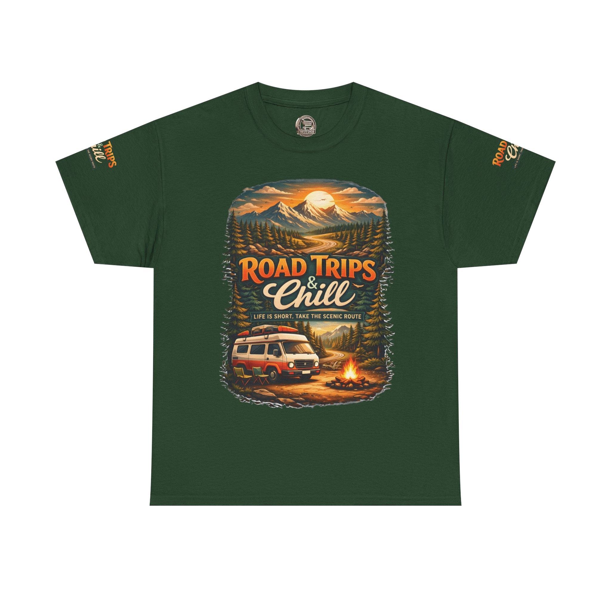 Unisex Heavy Cotton Tee — "Road Trips & Chill" Design Scenic-Line