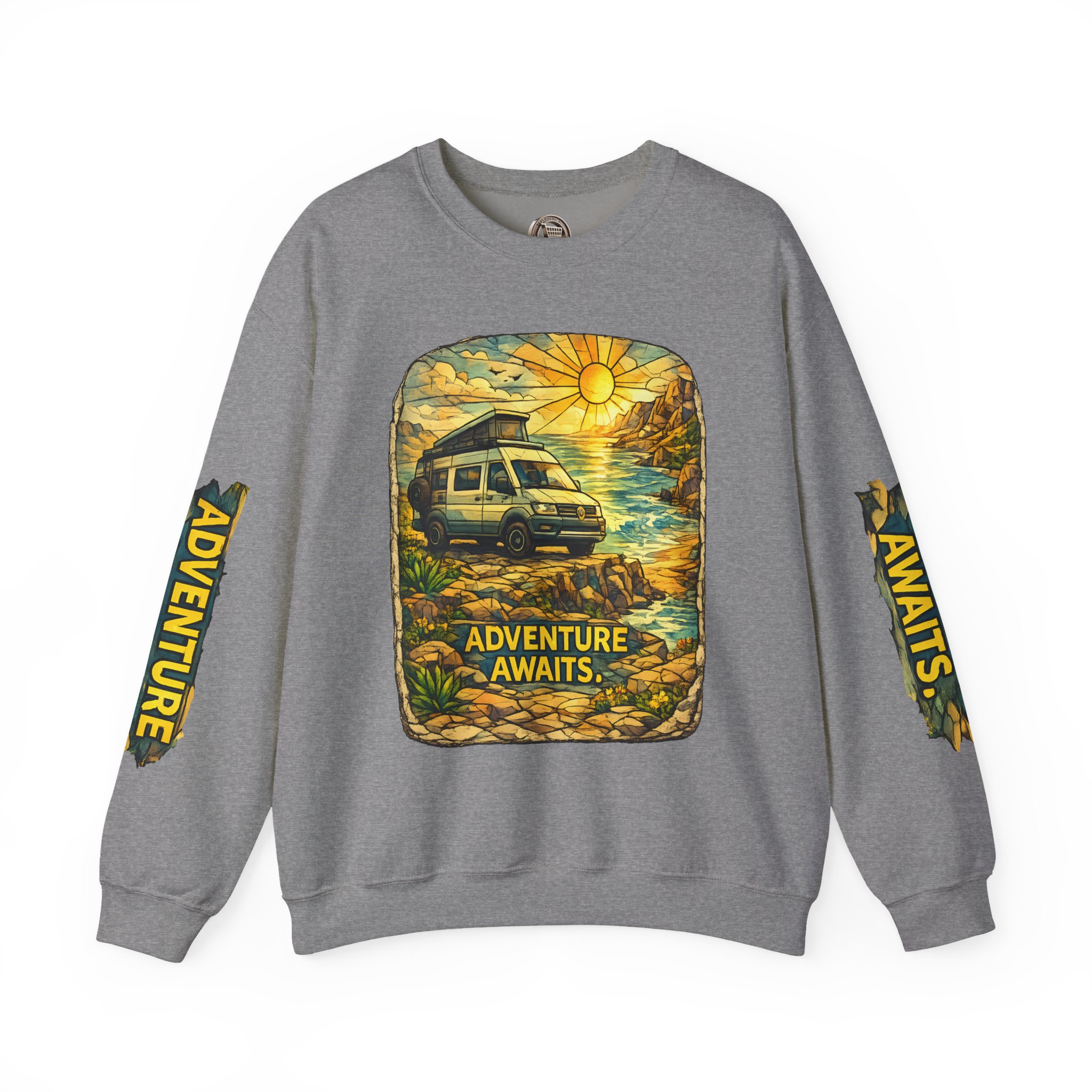 Unisex Heavy Blend™ Crewneck Sweatshirt — "Adventure Awaits" Design Cubic-Line