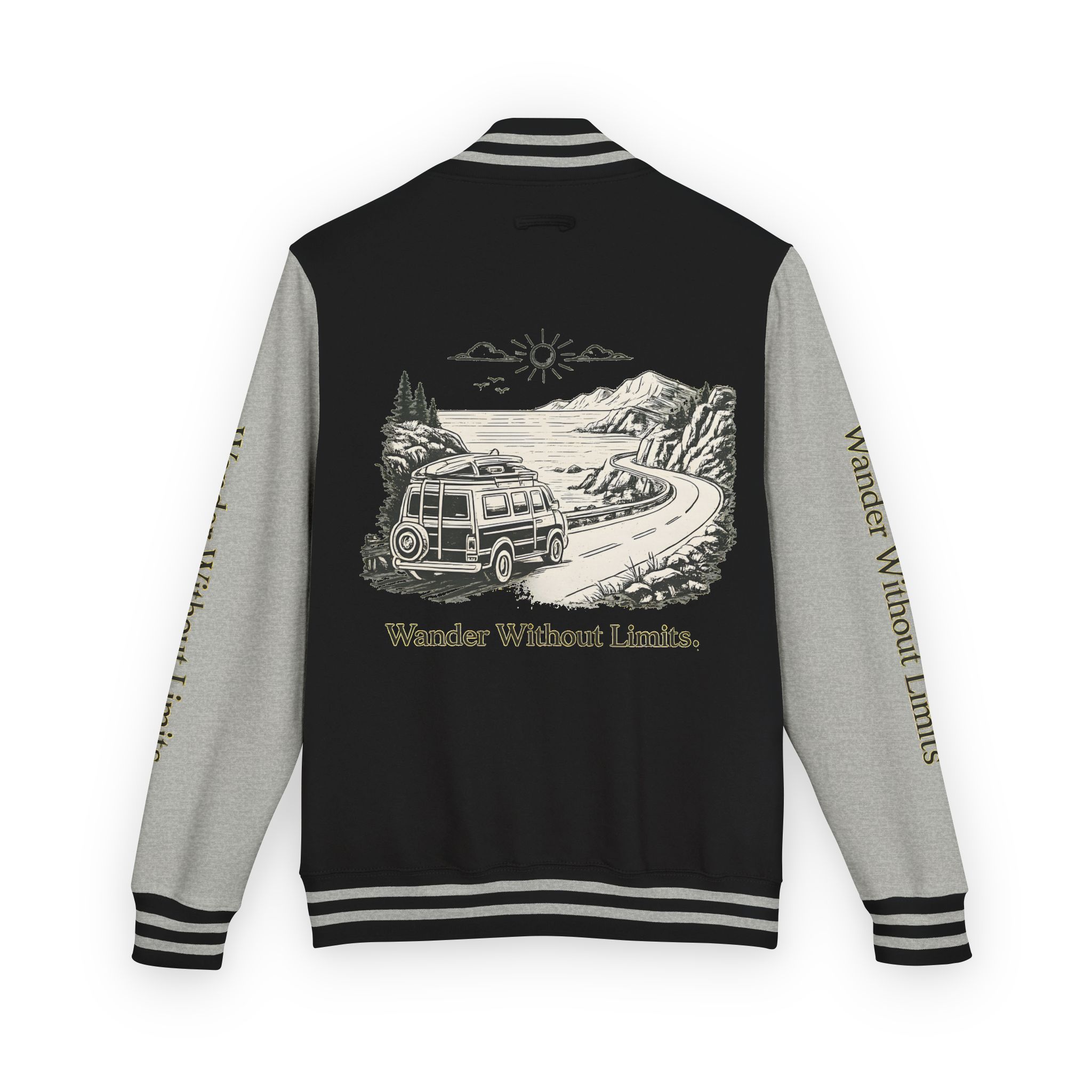 Unisex Heavyweight Letterman Jacket — "Wander Without Limits" Travel Varsity Coat