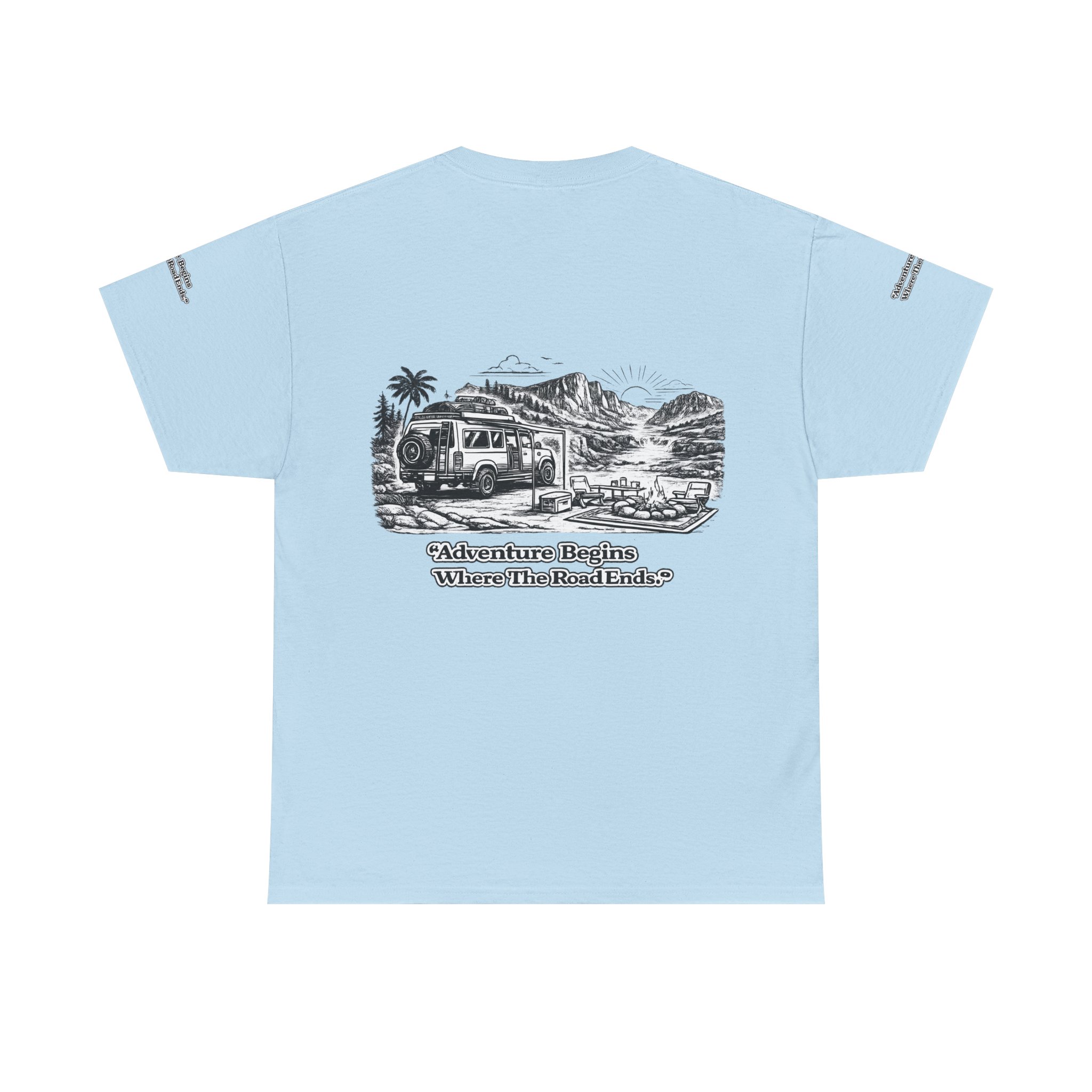 Unisex Heavy Cotton Tee — "Adventure Begins Where The Road Ends" Design Minimal-Line