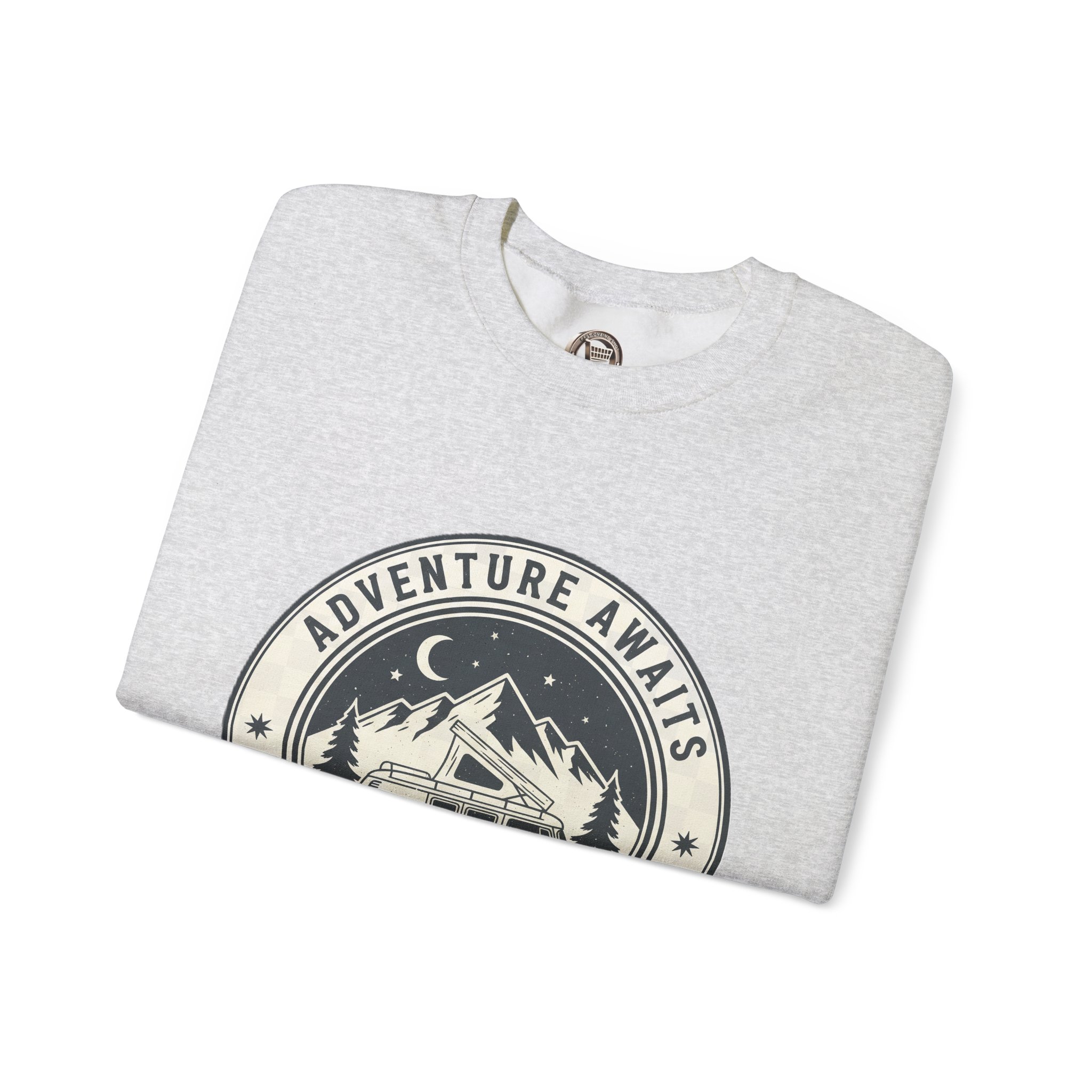 14229759479446580206_2048.jpeg Crewneck Sweatshirt — "Adventure Awaits-Go Where You Feel Most Alive" (Font + Back + Sleaves printed) Vintage Camper Van Outdoor Graphic