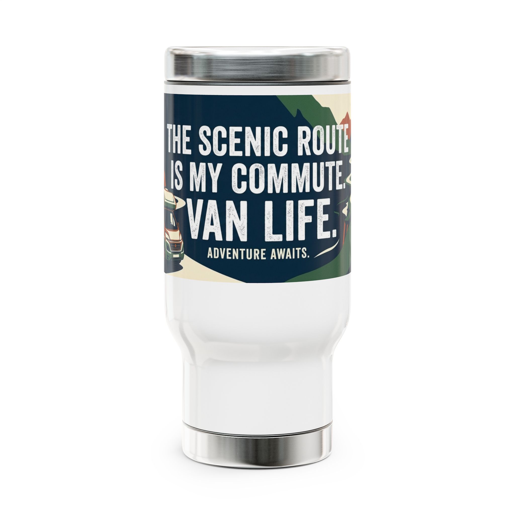 Stainless Steel Travel Mug with Handle, 14oz - "The Scenic Route is My Commute"