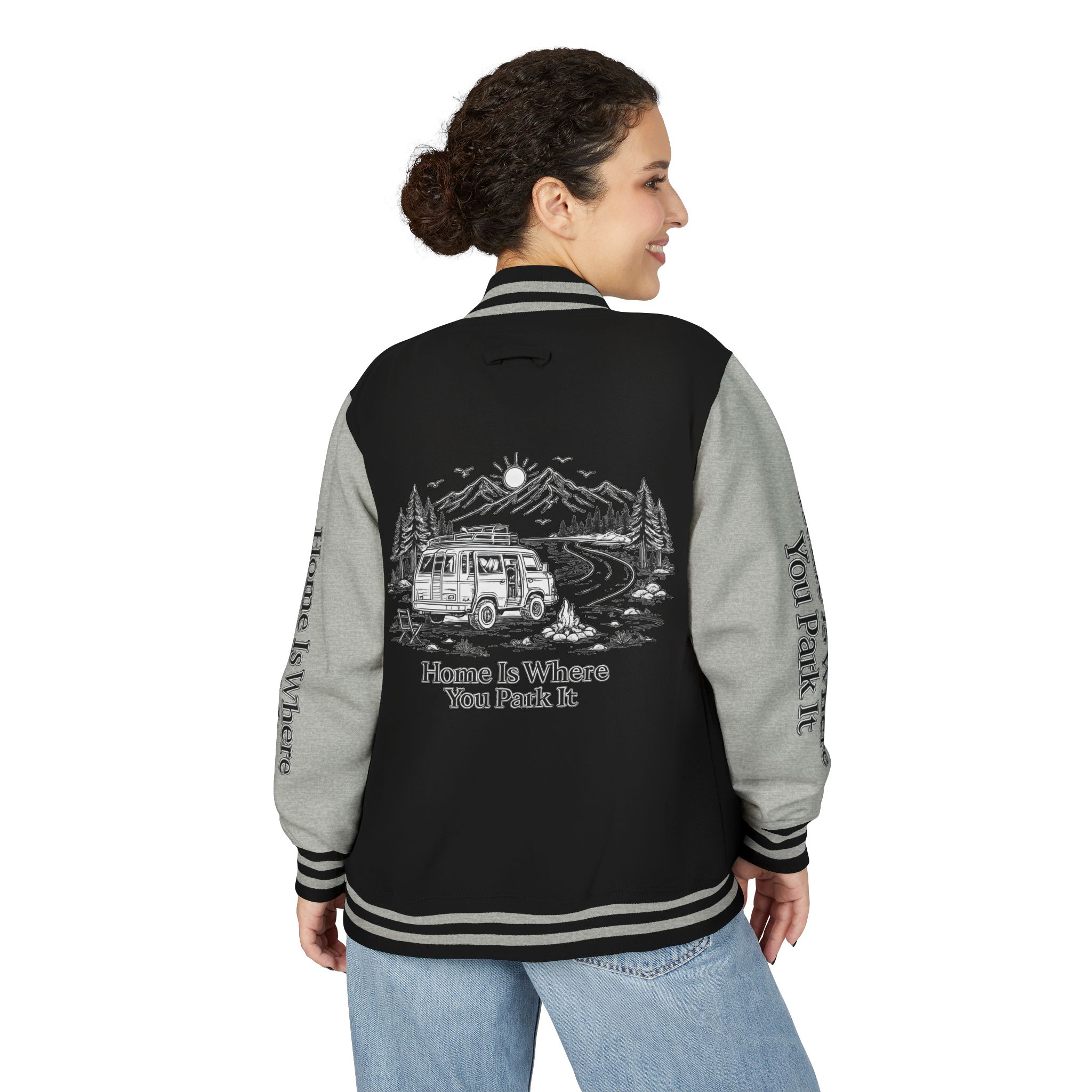 Unisex Heavyweight Letterman Jacket — "Home Is Where You Park It" Travel Varsity Coat