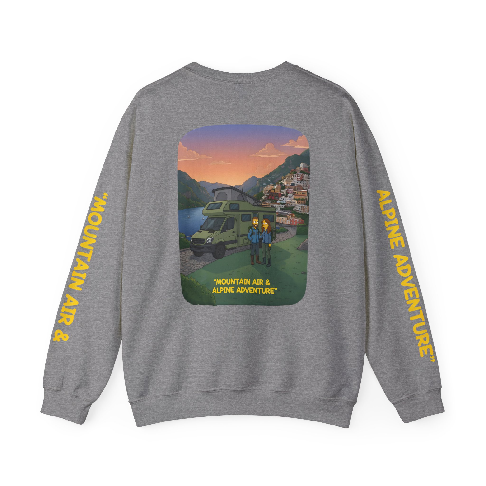 Unisex Heavy Blend™ Crewneck Sweatshirt — "Mountain Air And Alpine Adventure"" Design Sitcom-Line